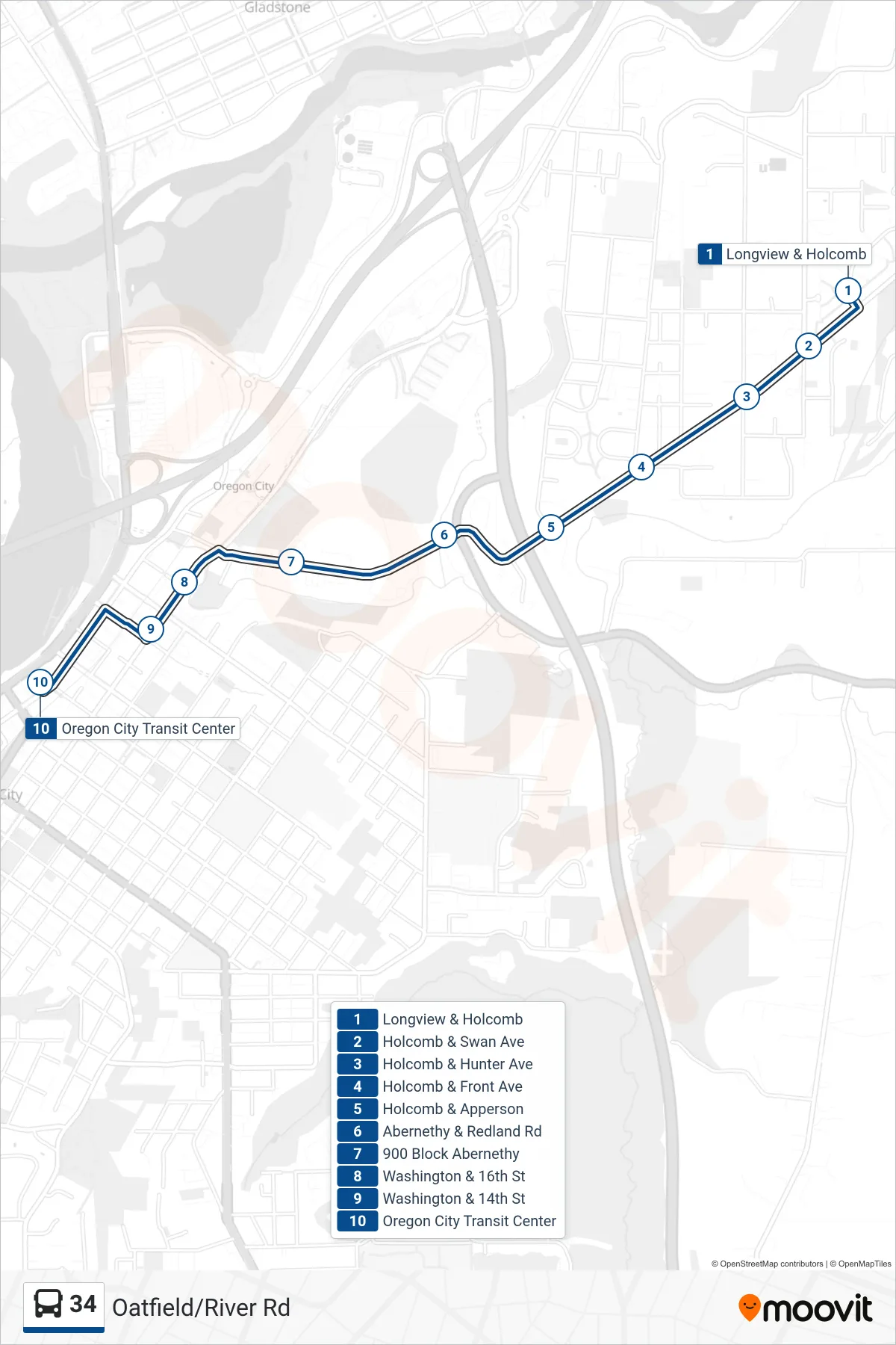 34 bus Line (Oregon City Transit Center) route and stops on a map