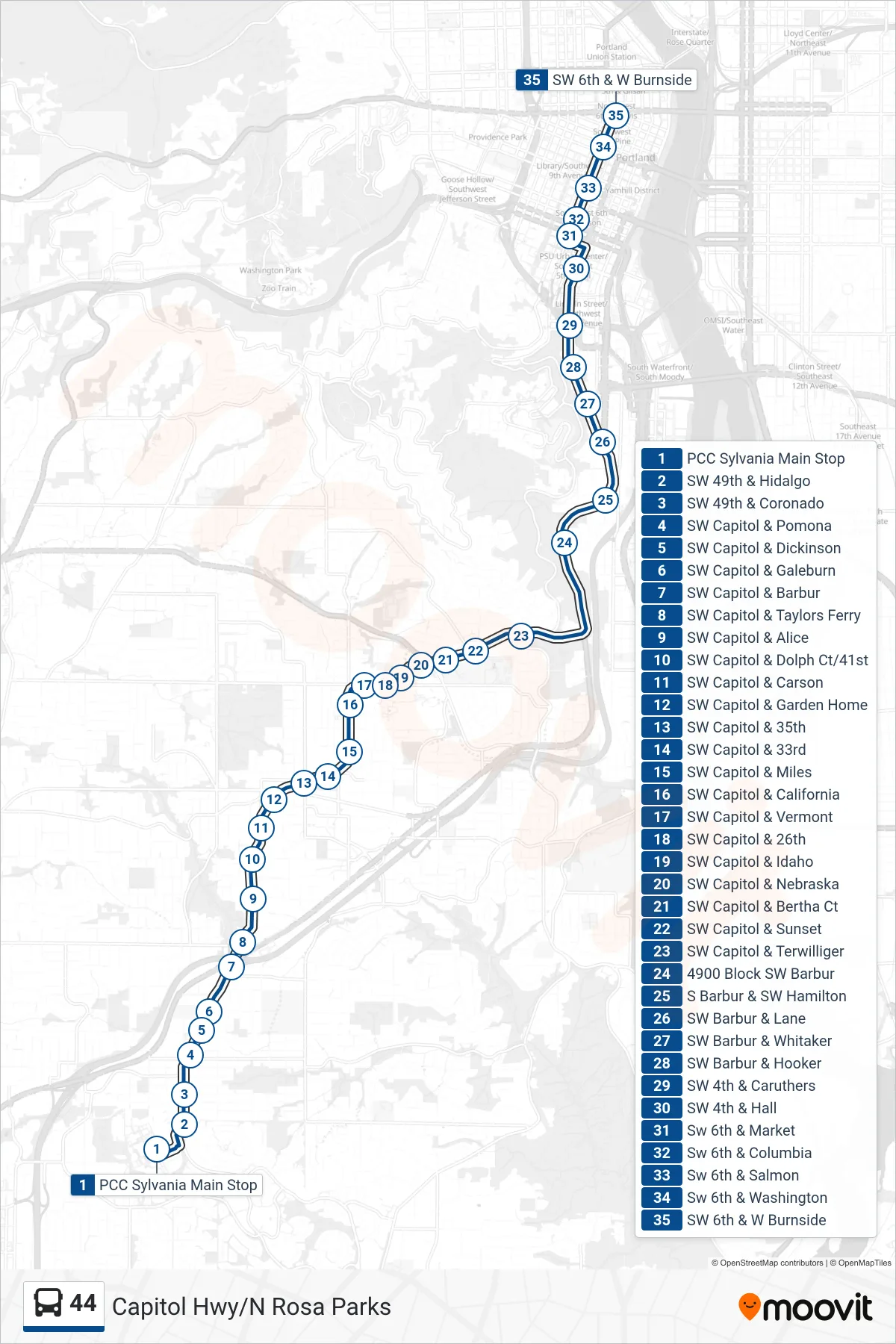 44 bus Line (SW 6th & W Burnside) route and stops on a map