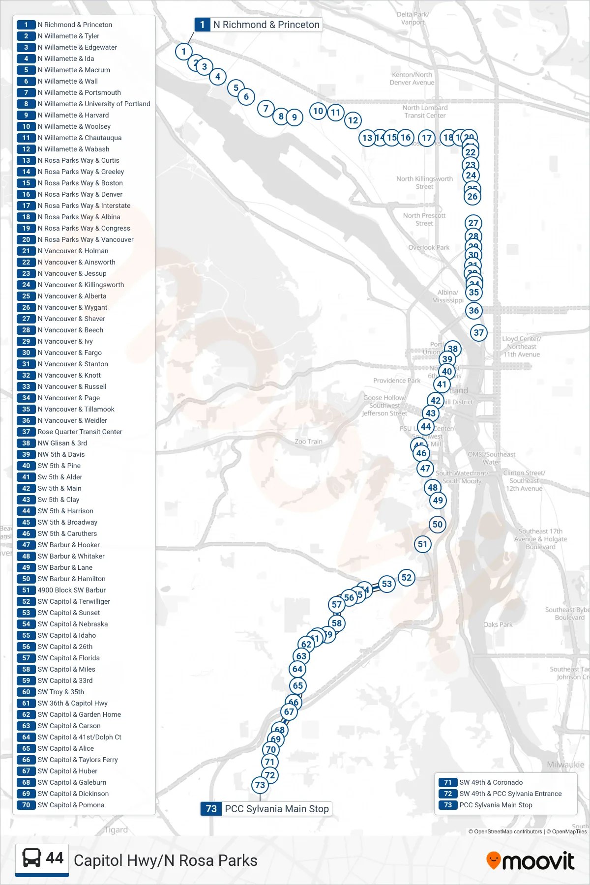 44 bus Line (PCC Sylvania Main Stop) route and stops on a map