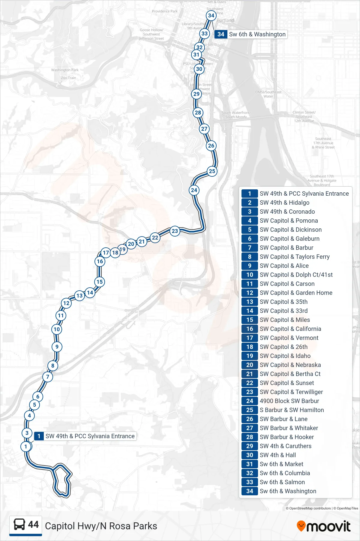44 bus Line (SW 6th & Washington) route and stops on a map