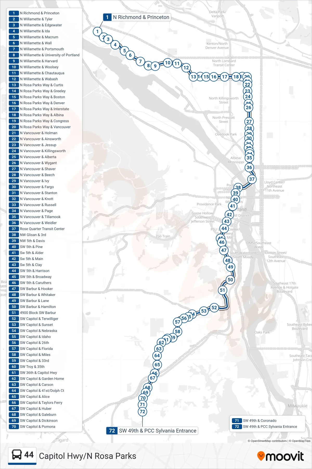 44 bus Line (SW 49th & PCC Sylvania Entrance) route and stops on a map