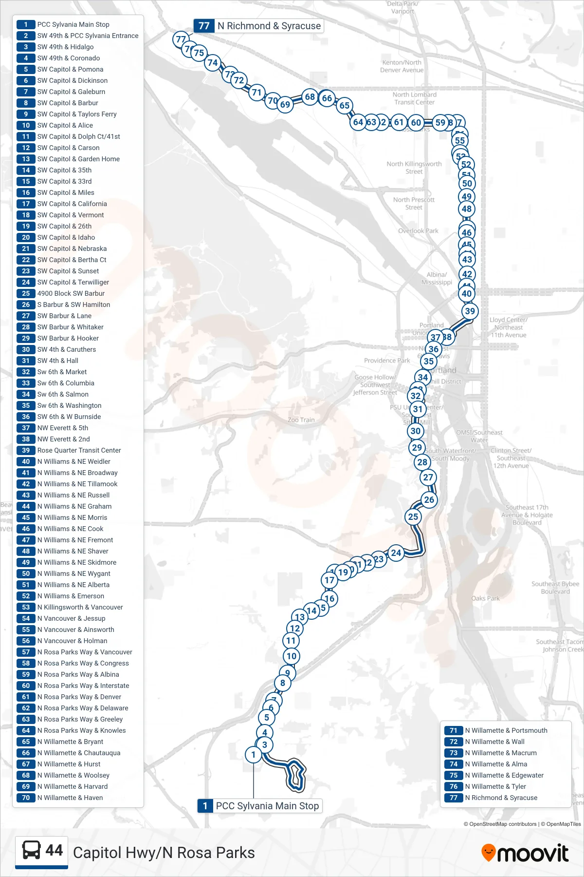 44 bus Line (N Richmond & Syracuse) route and stops on a map