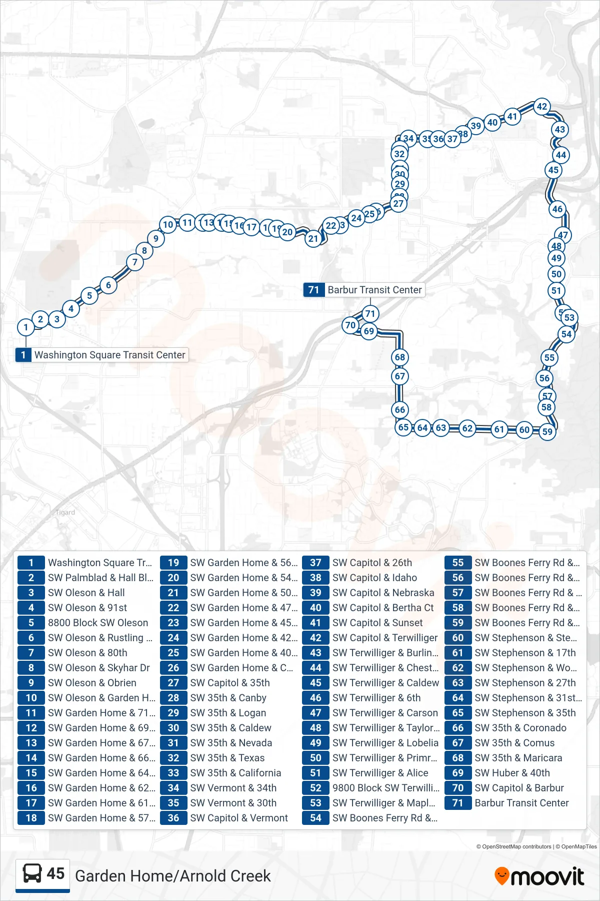 45 bus Line (Barbur Transit Center) route and stops on a map