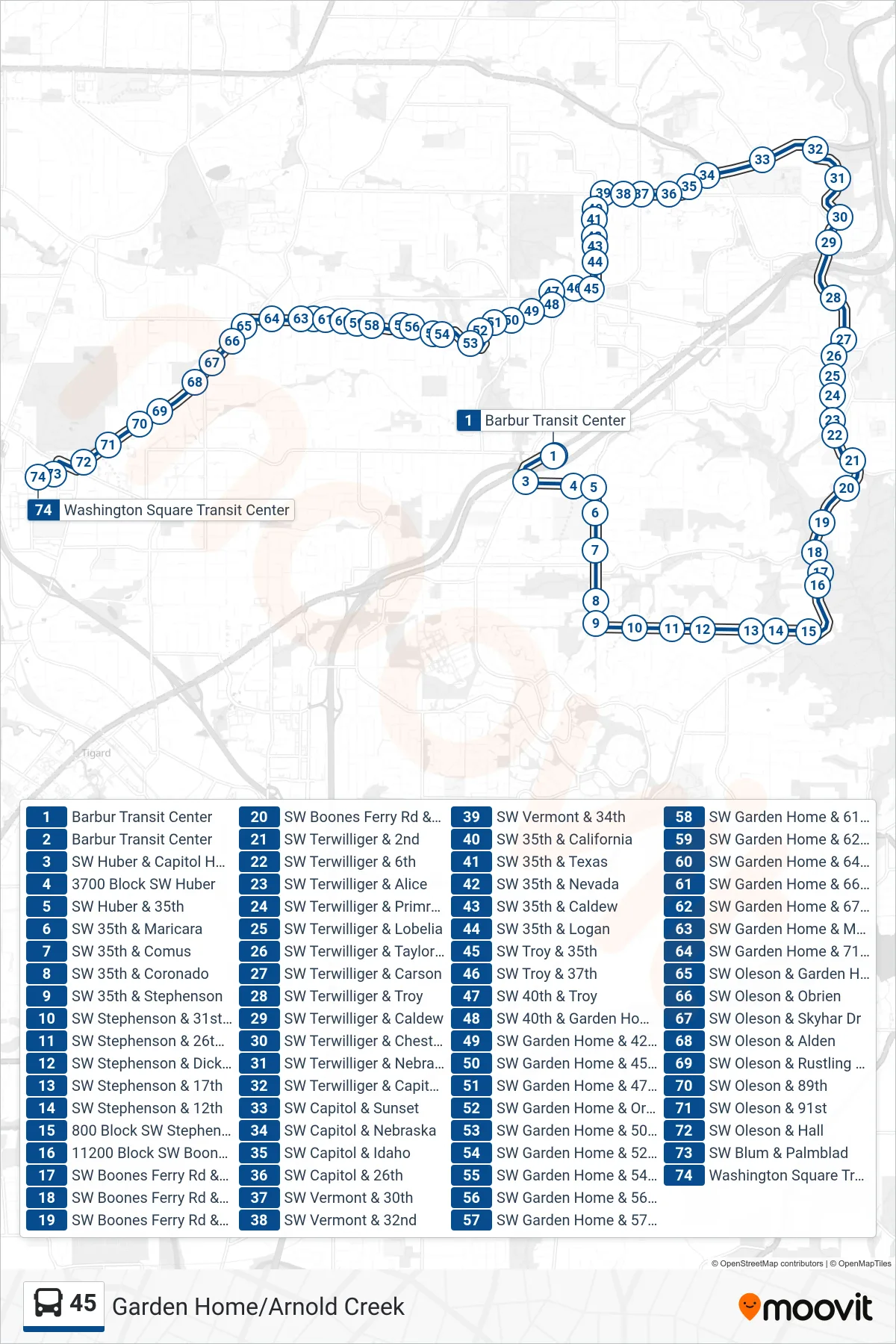 45 bus Line (Washington Square Transit Center) route and stops on a map
