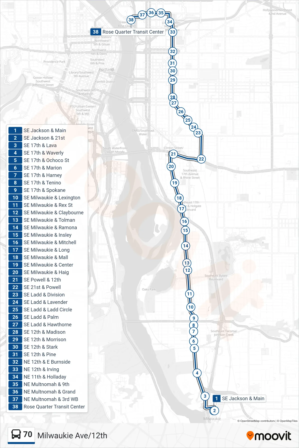 70 bus Line (Rose Quarter Transit Center) route and stops on a map