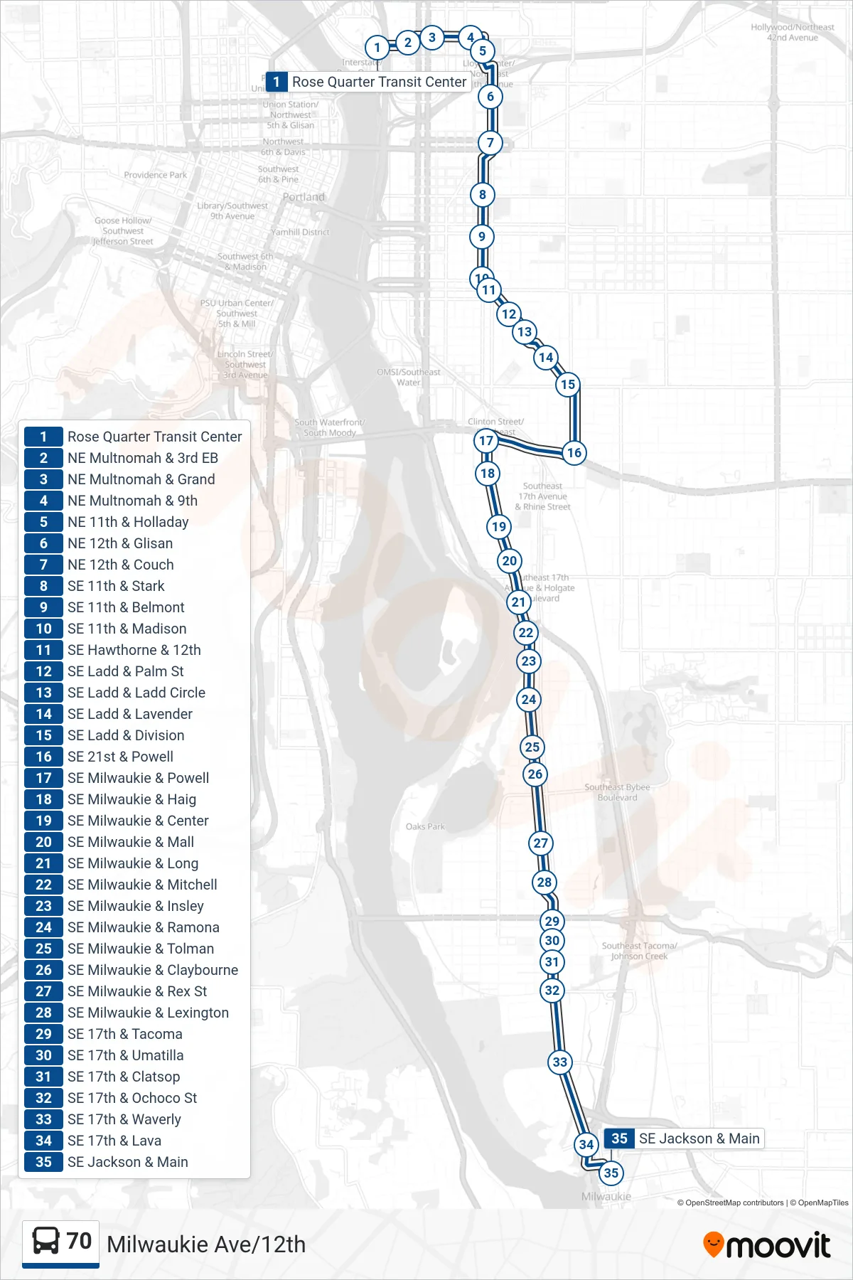 70 bus Line (SE Jackson & Main) route and stops on a map