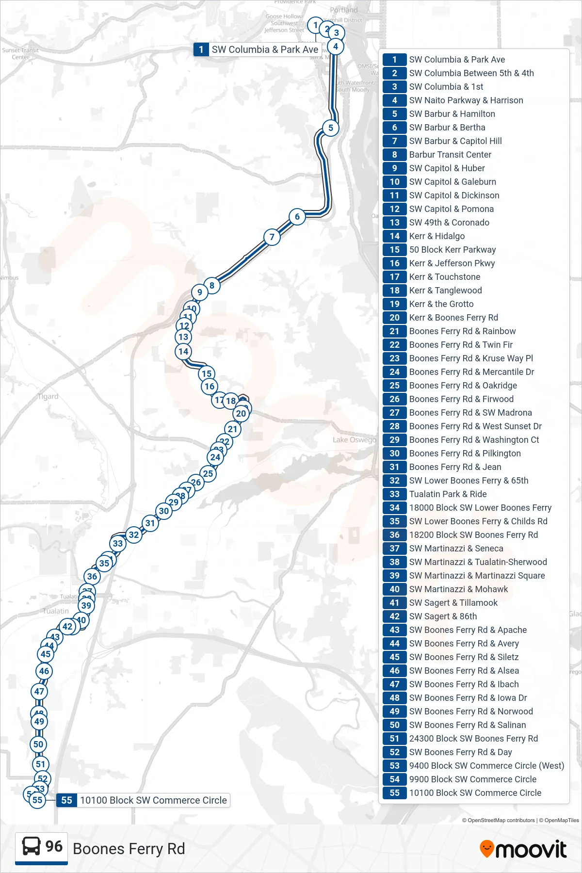 96 bus Line (10100 Block SW Commerce Circle) route and stops on a map