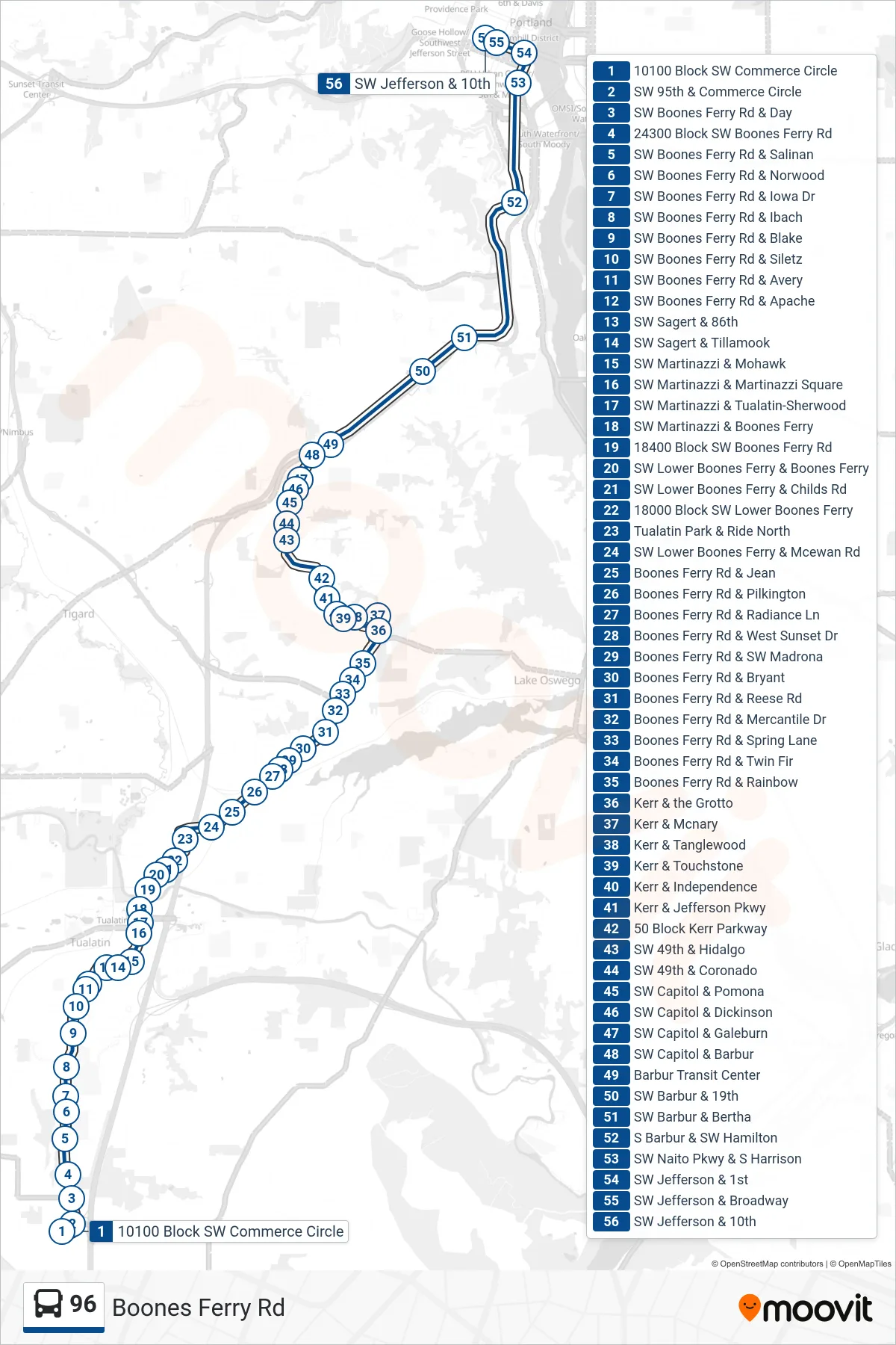 96 bus Line (SW Jefferson & 10th) route and stops on a map