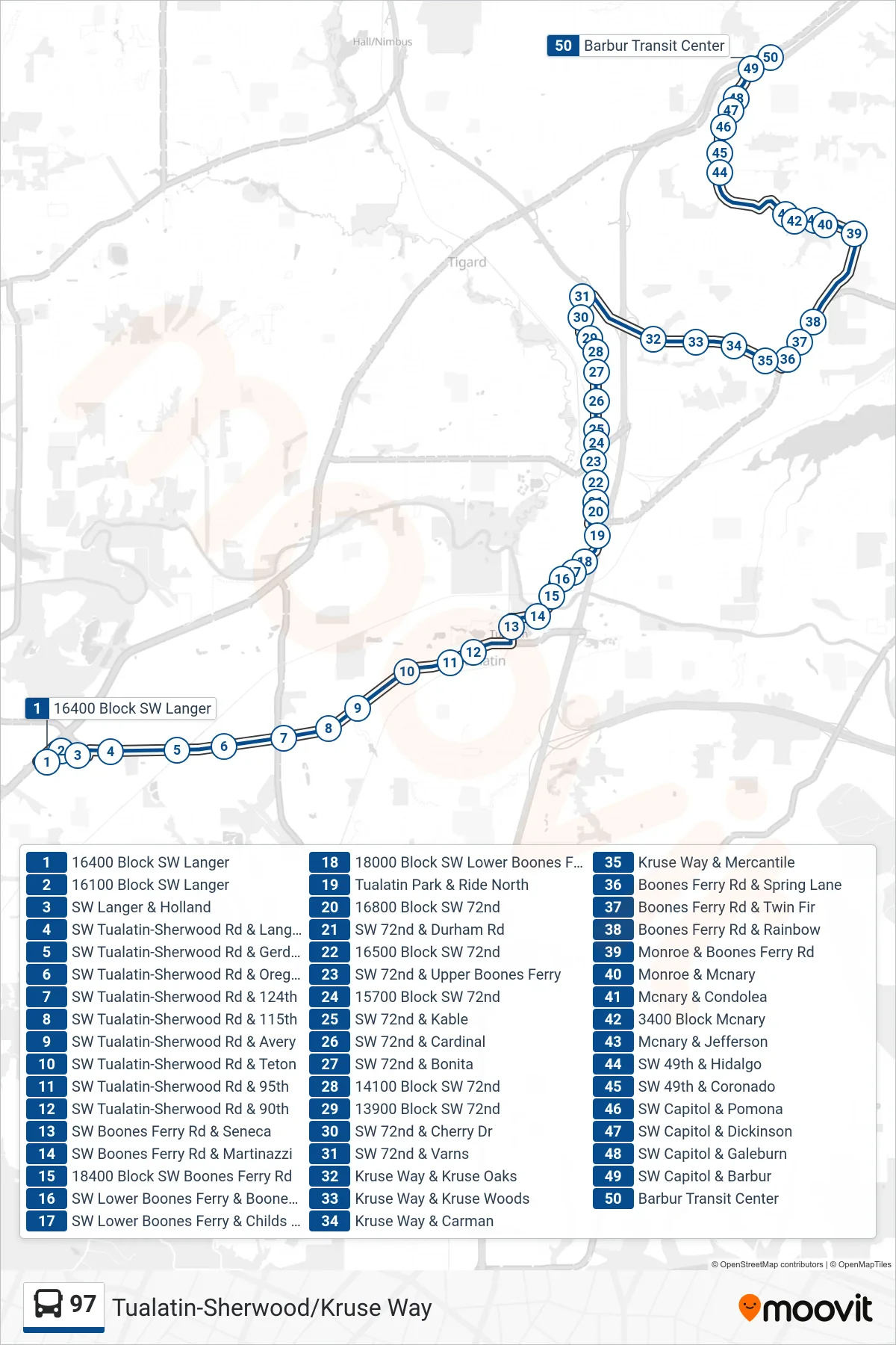 97 bus Line (Barbur Transit Center) route and stops on a map