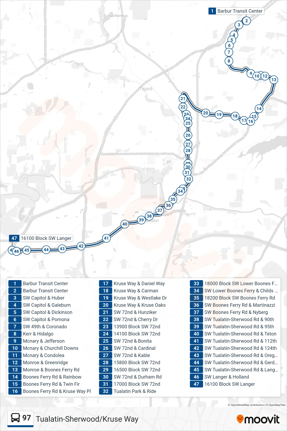 97 bus Line (16100 Block SW Langer) route and stops on a map