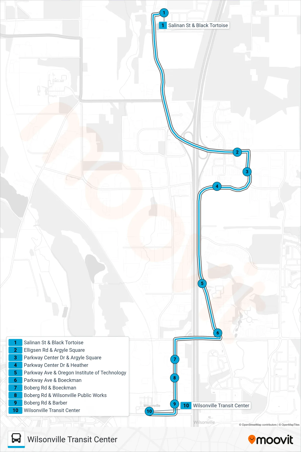 6-ARGYLE SQUARE bus Line (Wilsonville Transit Center) route and stops on a map