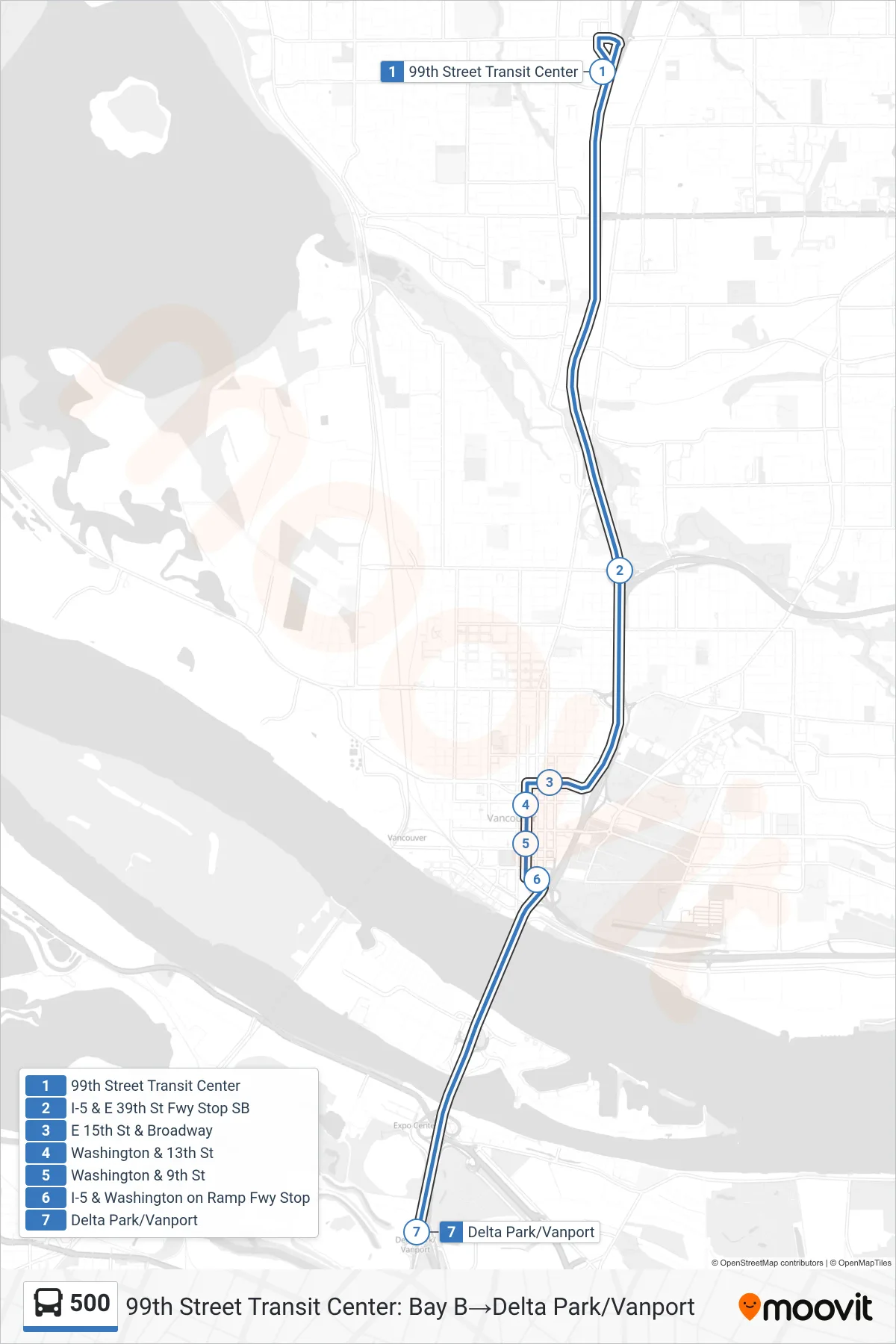 500 bus Line (99th Street Transit Center: Bay B→Delta Park/Vanport) route and stops on a map