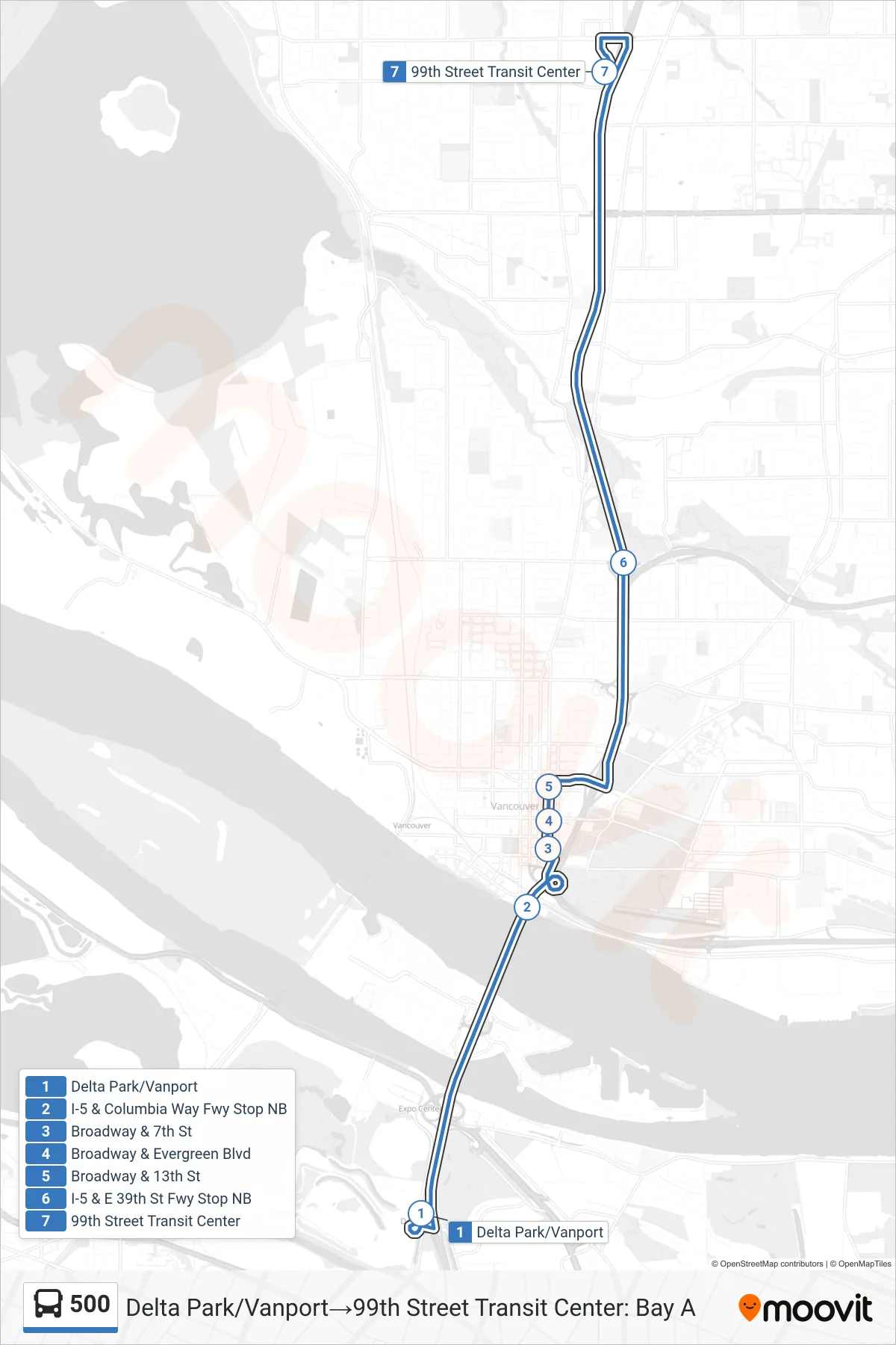500 bus Line (Delta Park/Vanport→99th Street Transit Center: Bay A) route and stops on a map