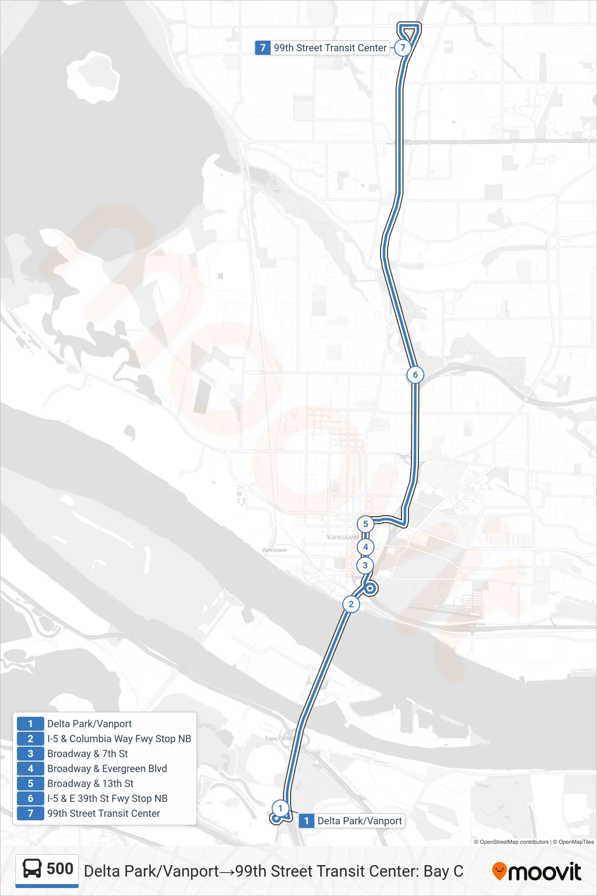 500 bus Line (Delta Park/Vanport‎→99th Street Transit Center: Bay C) route and stops on a map