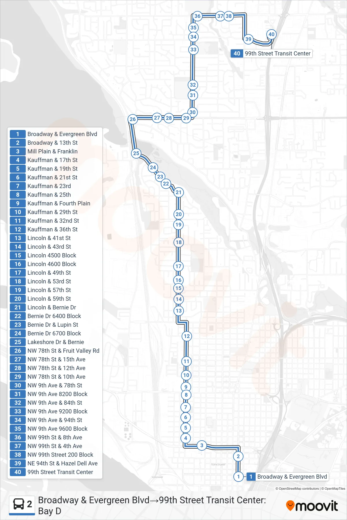 2 bus Line (Broadway & Evergreen Blvd→99th Street Transit Center: Bay D) route and stops on a map