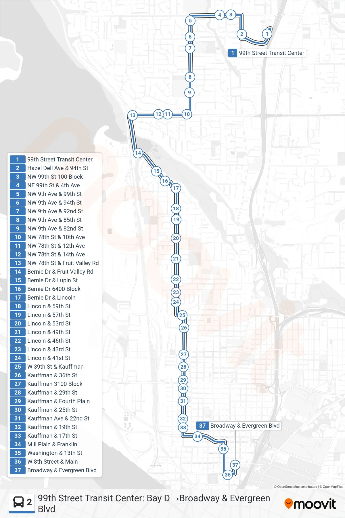 2 bus Line (99th Street Transit Center: Bay D→Broadway & Evergreen Blvd) route and stops on a map
