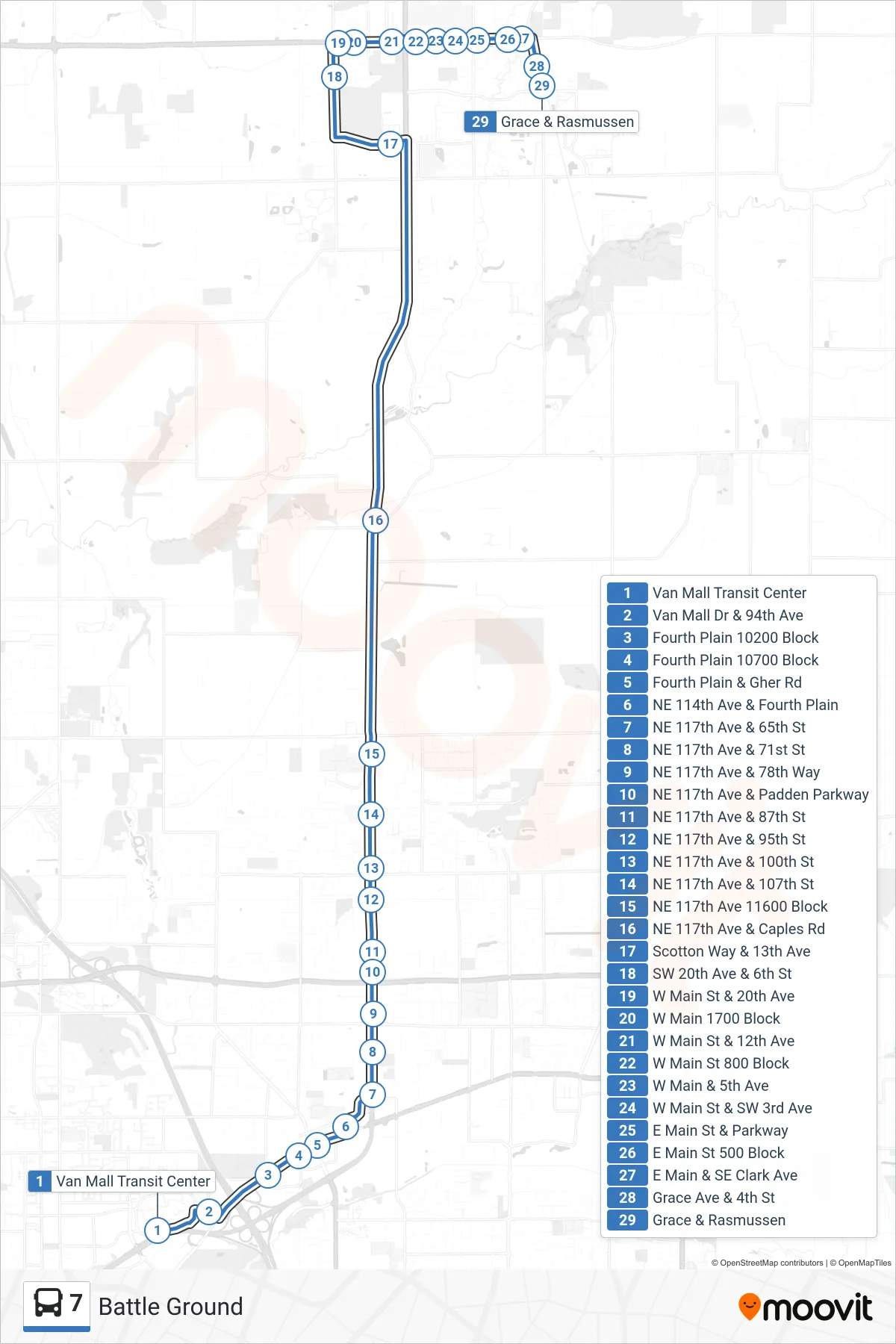 7 bus Line (Van Mall Transit Center: Bay C→Grace & Rasmussen) route and stops on a map