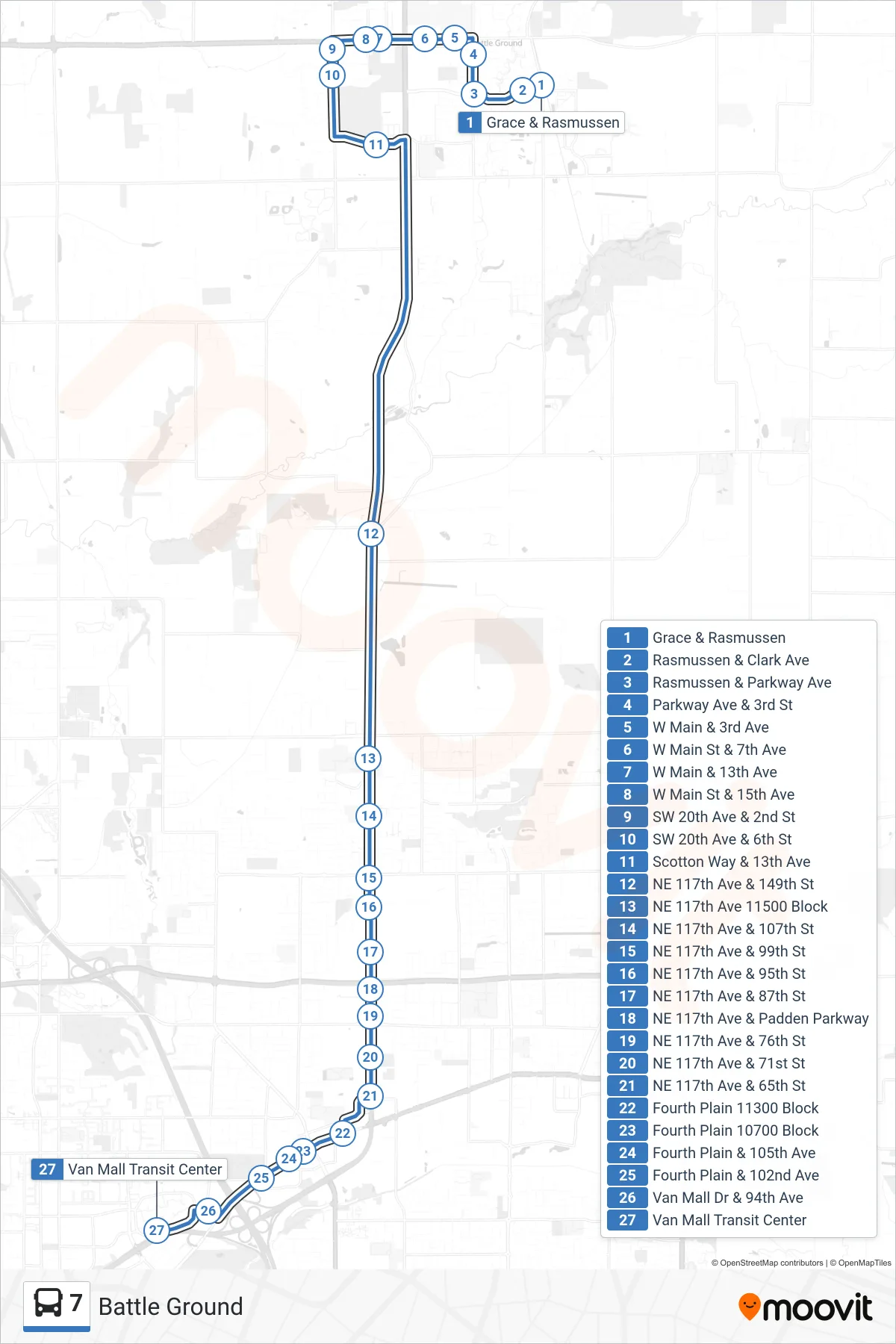 7 bus Line (Grace & Rasmussen→Van Mall Transit Center: Bay C) route and stops on a map