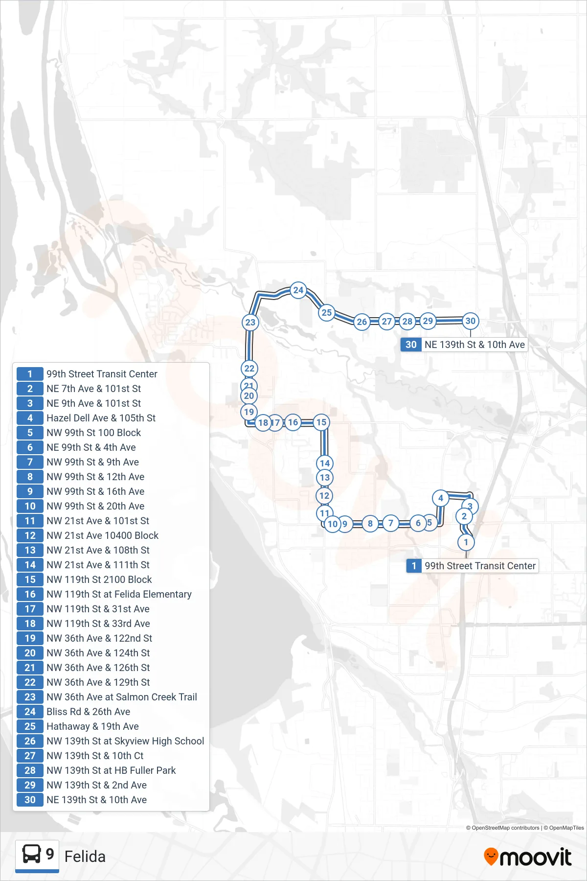 9 bus Line (99th Street Transit Center: Bay D→NE 139th St & 10th Ave) route and stops on a map