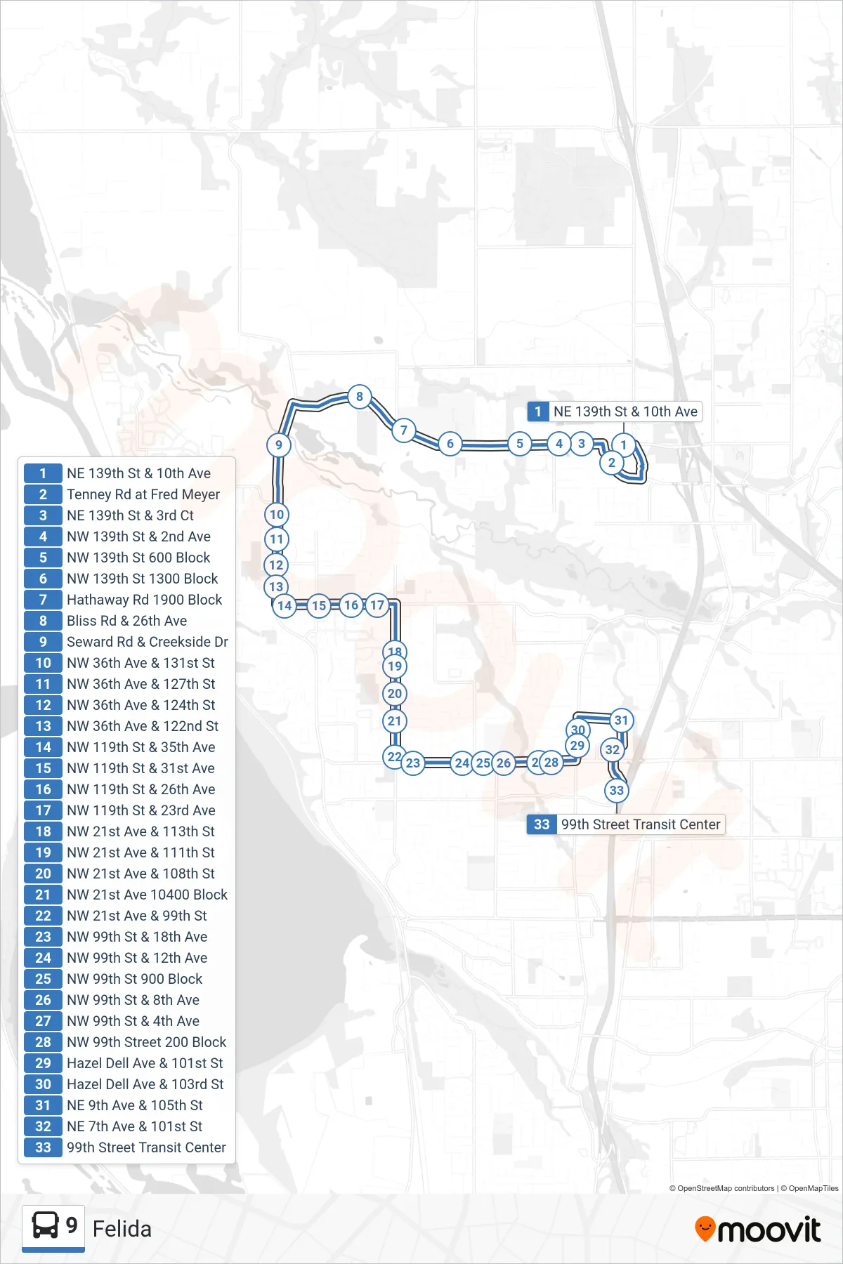 9 bus Line (NE 139th St & 10th Ave‎→99th Street Transit Center: Bay D) route and stops on a map