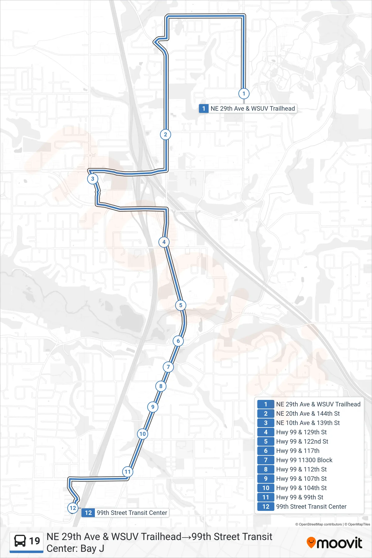 19 bus Line (NE 29th Ave & WSUV Trailhead→99th Street Transit Center: Bay J) route and stops on a map