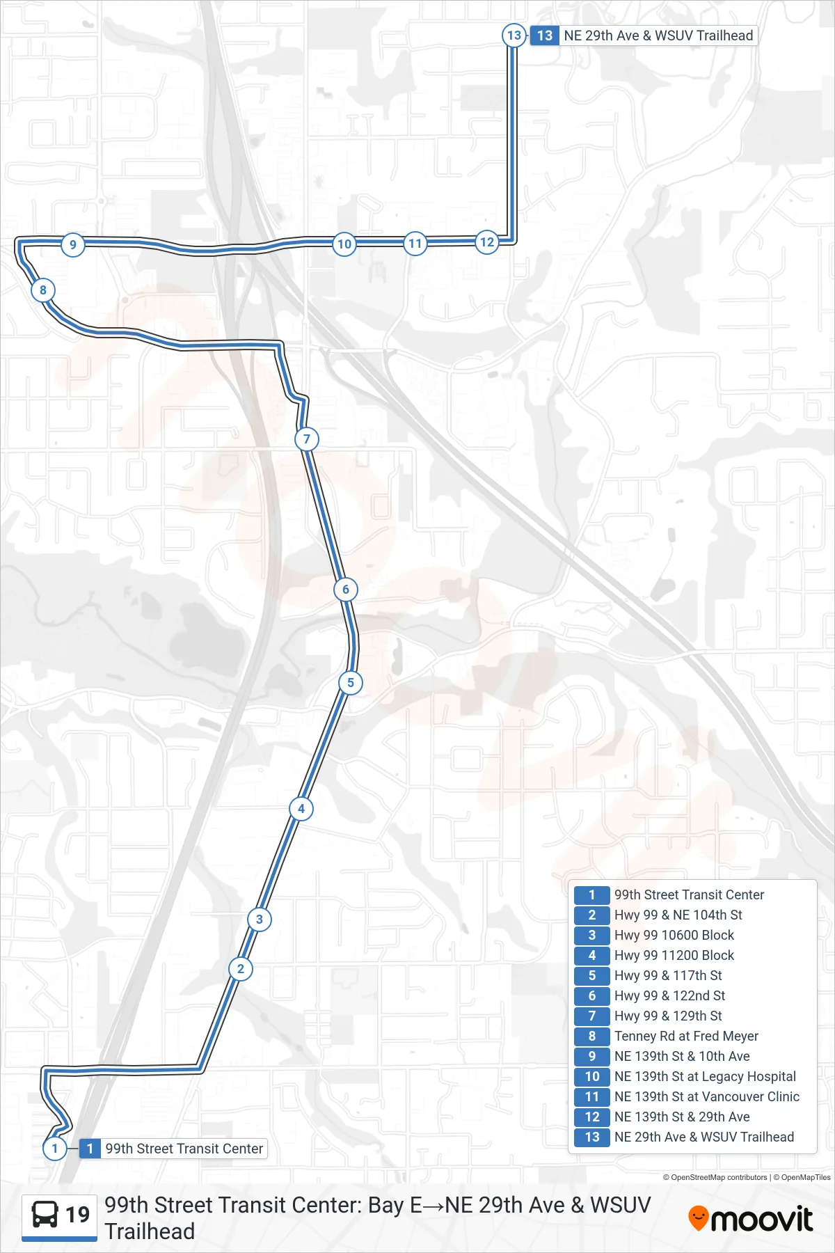 19 bus Line (99th Street Transit Center: Bay E→NE 29th Ave & WSUV Trailhead) route and stops on a map