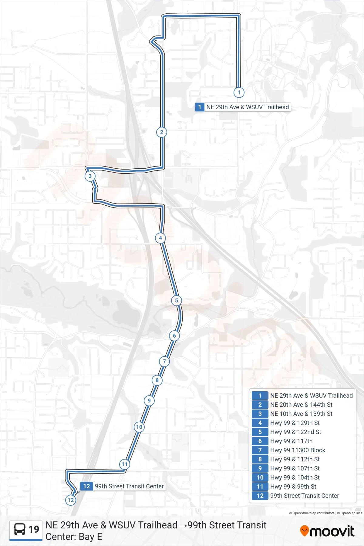 19 bus Line (NE 29th Ave & WSUV Trailhead→99th Street Transit Center: Bay E) route and stops on a map