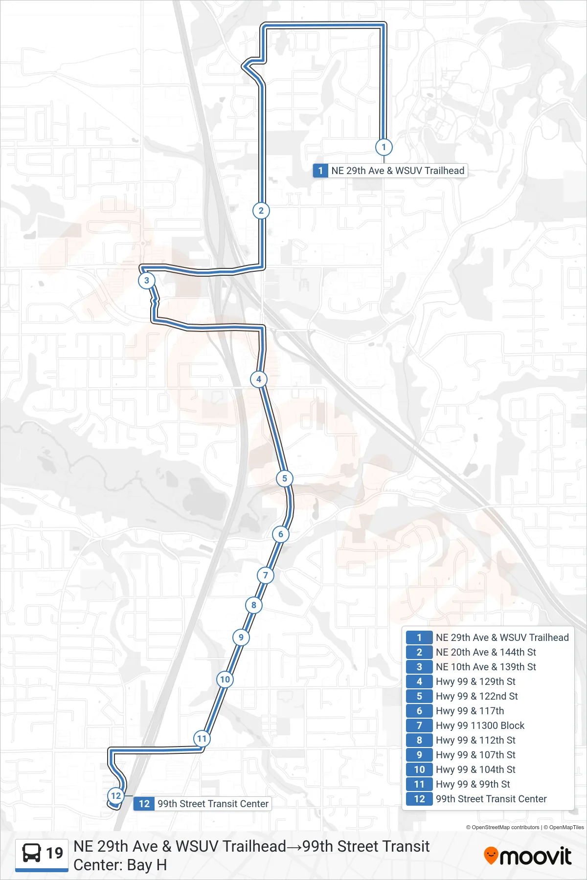 19 bus Line (NE 29th Ave & WSUV Trailhead→99th Street Transit Center: Bay H) route and stops on a map