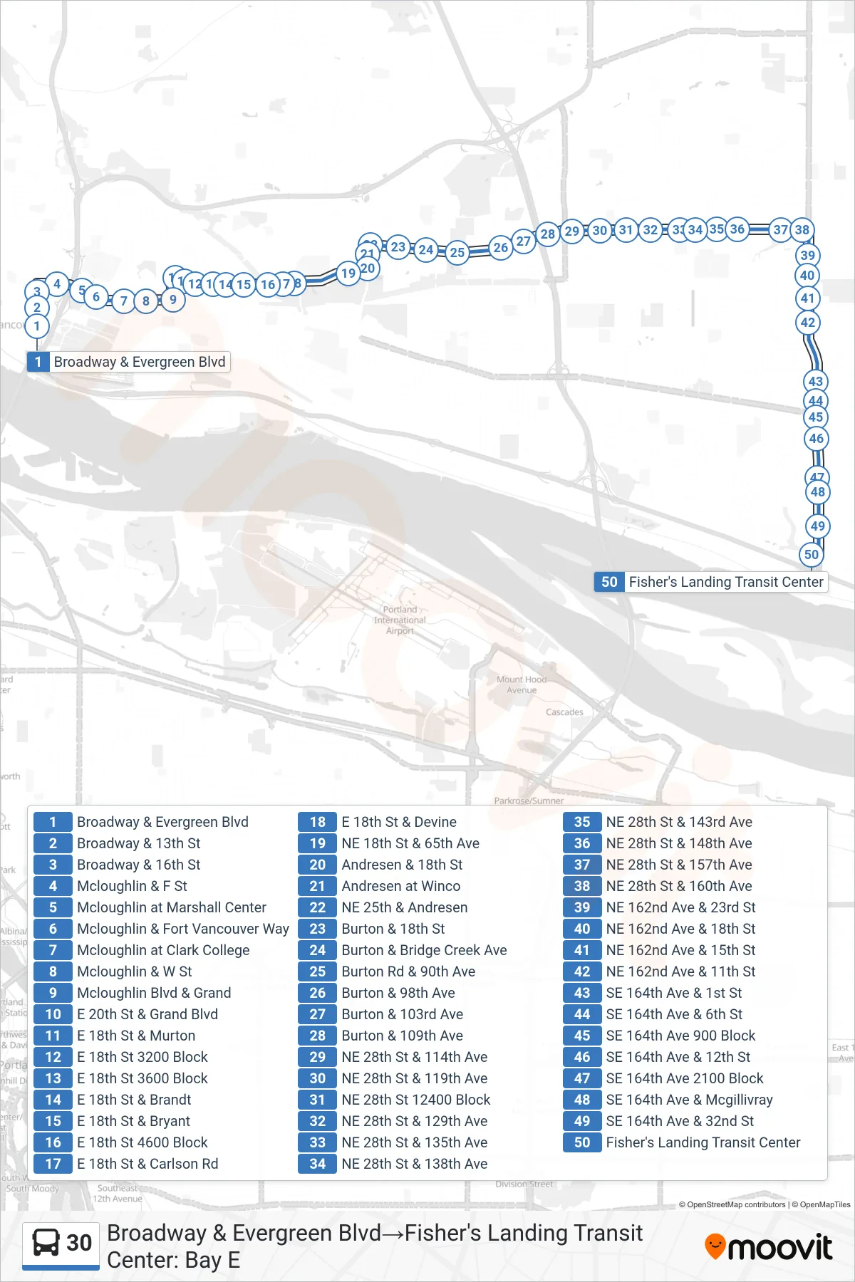 30 bus Line (Broadway & Evergreen Blvd‎→Fisher's Landing Transit Center: Bay E) route and stops on a map