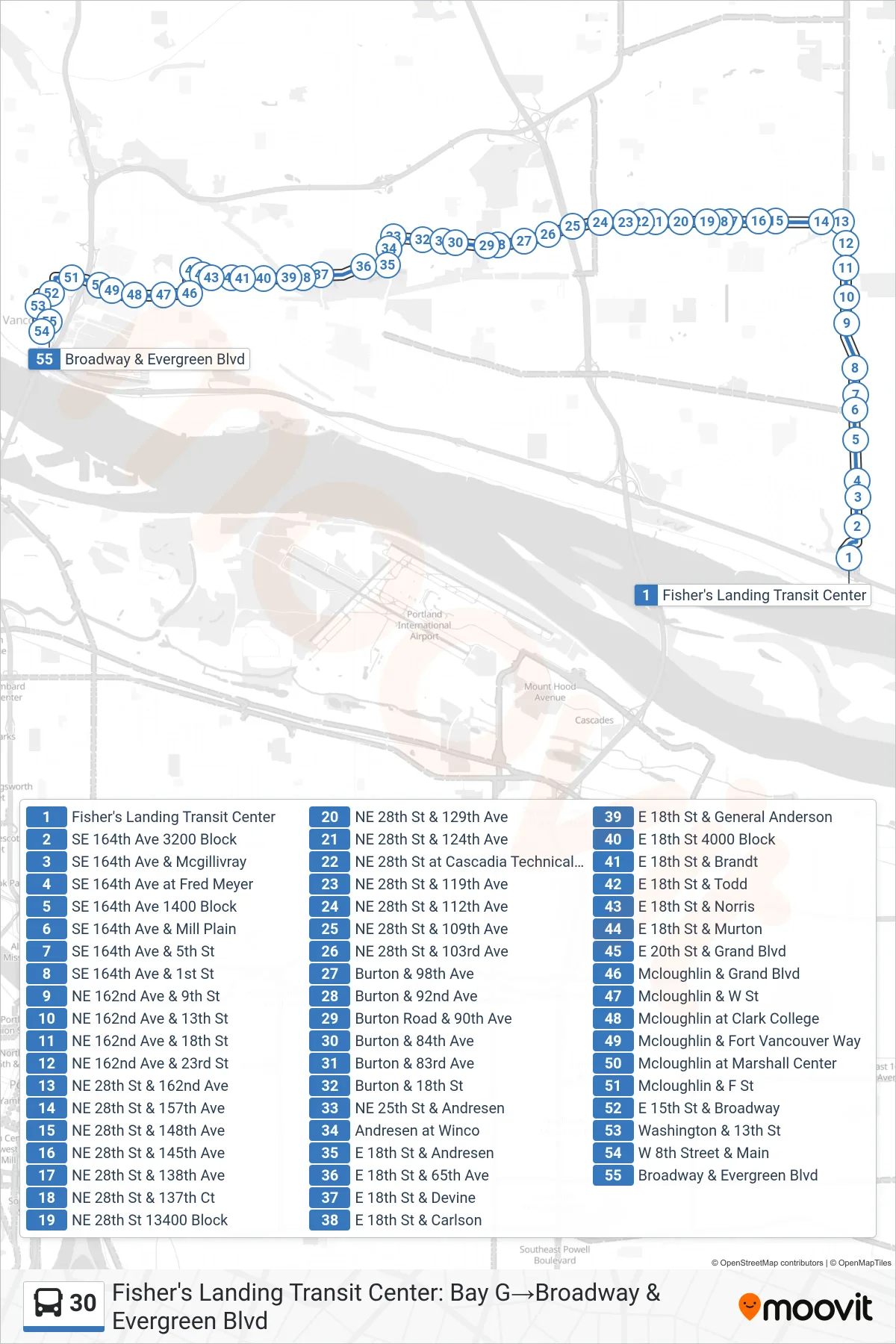 30 bus Line (Fisher's Landing Transit Center: Bay G‎→Broadway & Evergreen Blvd) route and stops on a map