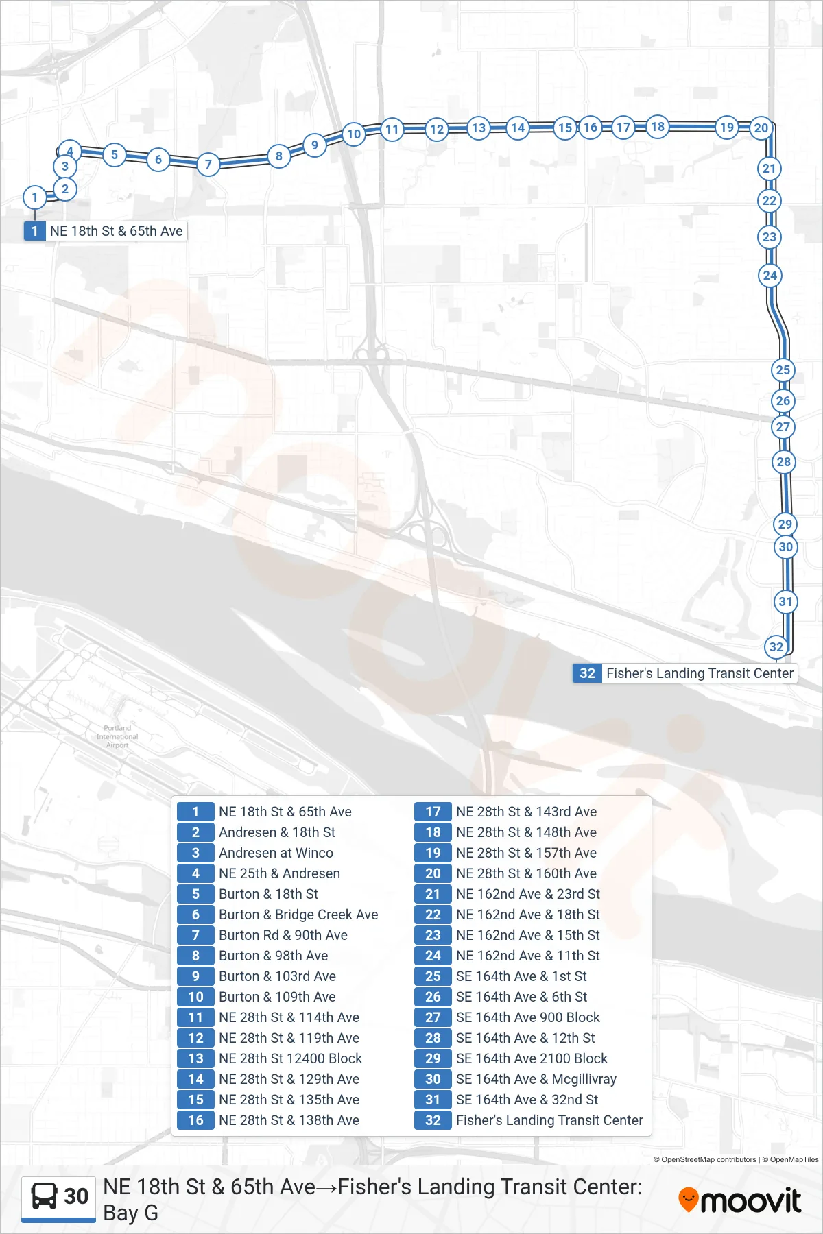 30 bus Line (NE 18th St & 65th Ave‎→Fisher's Landing Transit Center: Bay G) route and stops on a map