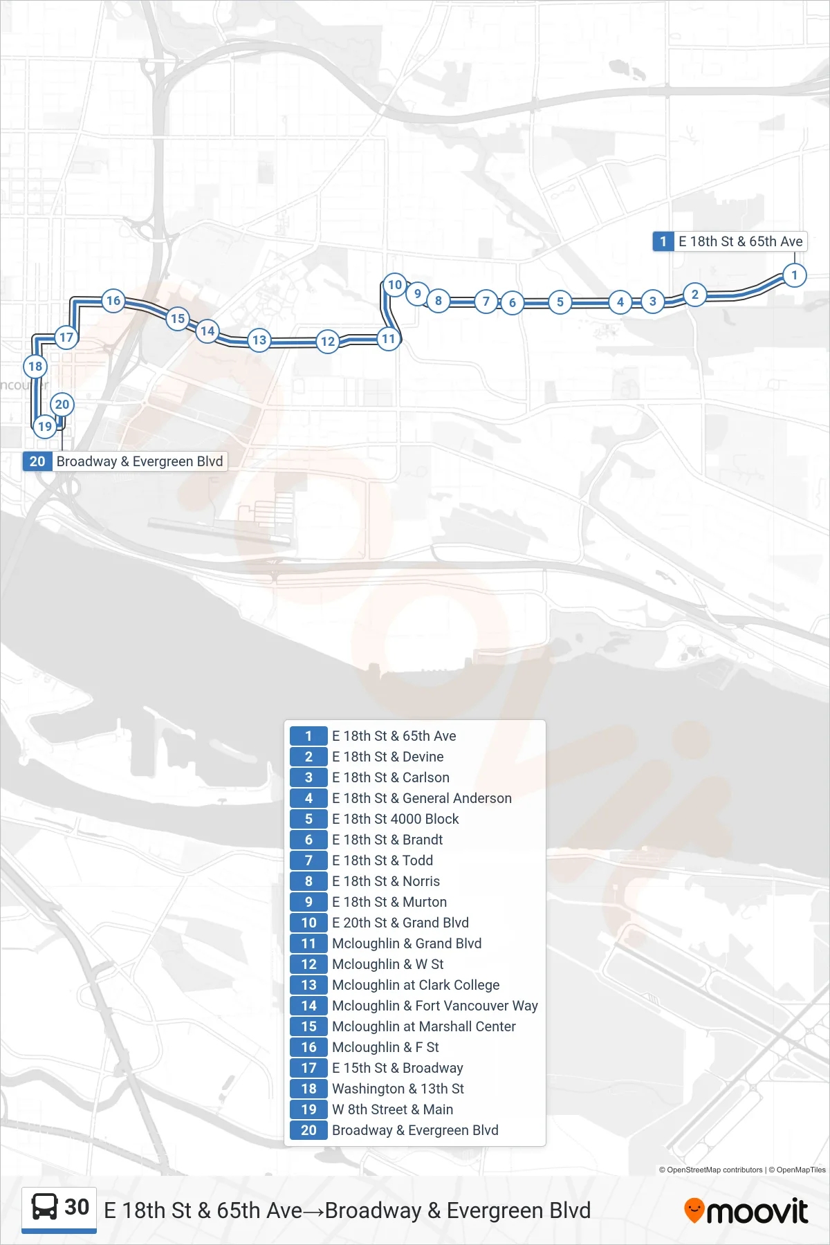 30 bus Line (E 18th St & 65th Ave→Broadway & Evergreen Blvd) route and stops on a map