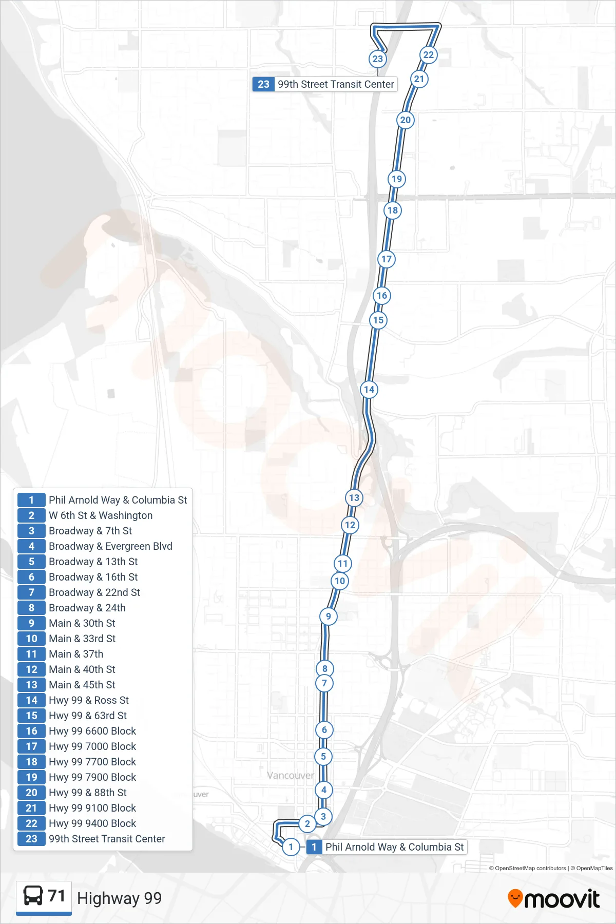 71 bus Line (Phil Arnold Way & Columbia St‎→99th Street Transit Center: Bay E) route and stops on a map