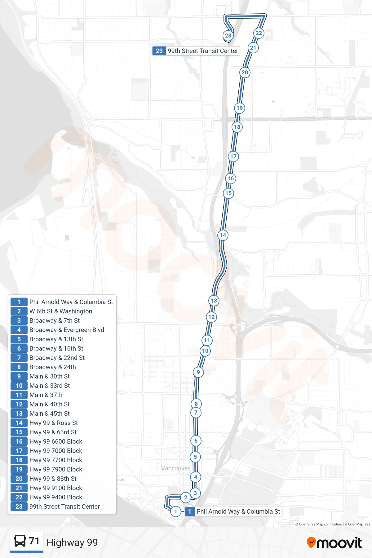 71 bus Line (Phil Arnold Way & Columbia St‎→99th Street Transit Center: Bay H) route and stops on a map