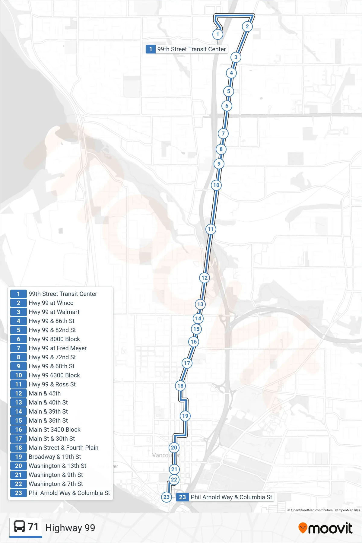 71 bus Line (99th Street Transit Center: Bay J→Phil Arnold Way & Columbia St) route and stops on a map