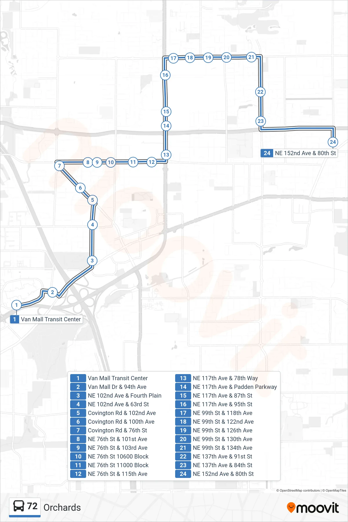 72 bus Line (Van Mall Transit Center: Bay G‎→NE 152nd Ave & 80th St) route and stops on a map