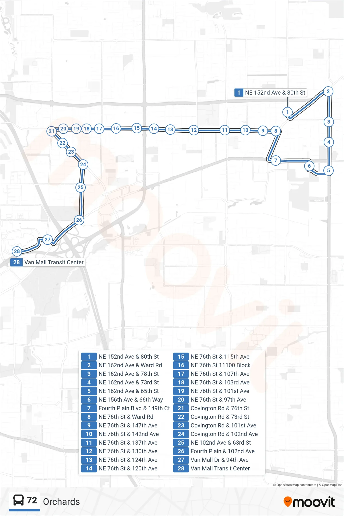 72 bus Line (NE 152nd Ave & 80th St‎→Van Mall Transit Center: Bay F) route and stops on a map