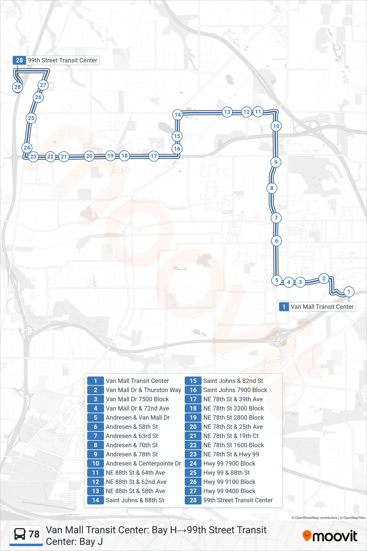 78 bus Line (Van Mall Transit Center: Bay H→99th Street Transit Center: Bay J) route and stops on a map