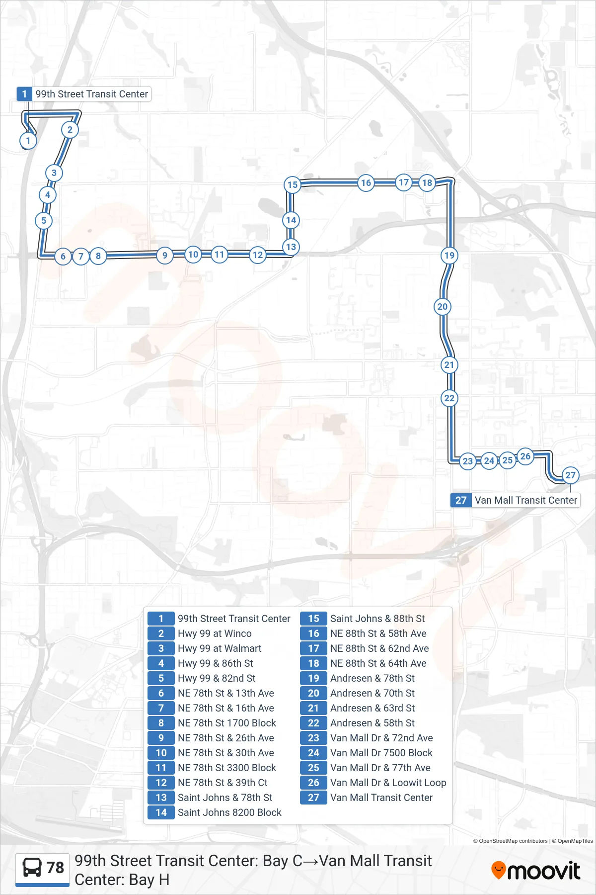 78 bus Line (99th Street Transit Center: Bay C‎→Van Mall Transit Center: Bay H) route and stops on a map