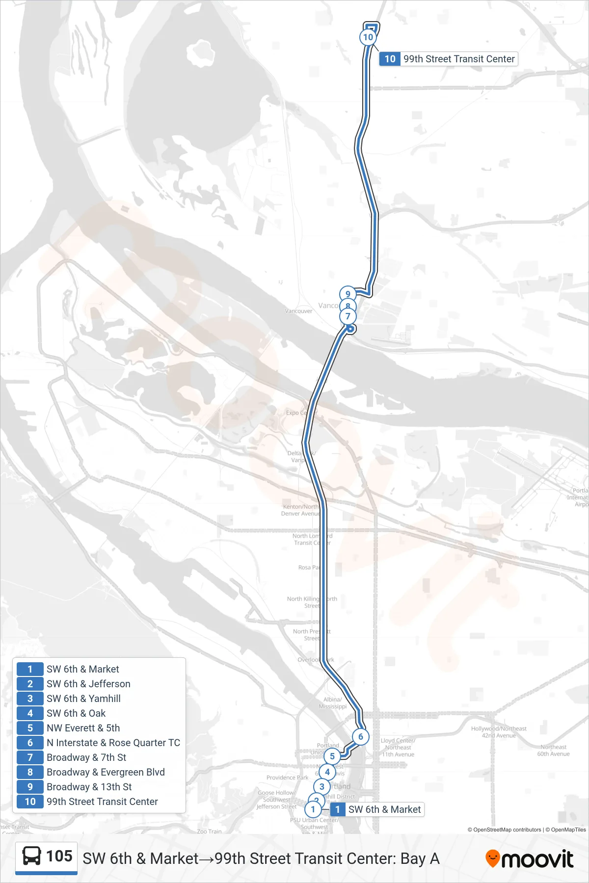 105 bus Line (SW 6th & Market‎→99th Street Transit Center: Bay A) route and stops on a map