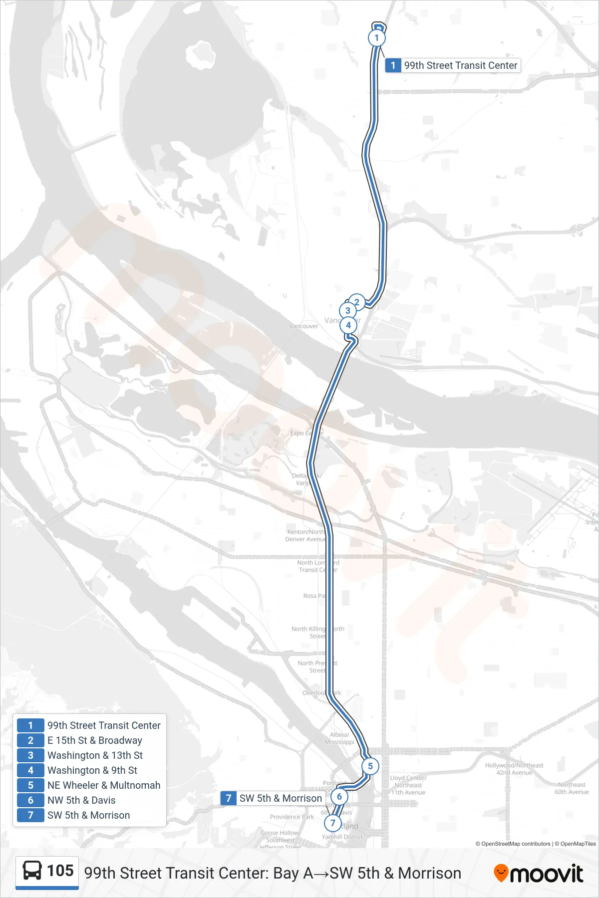 105 bus Line (99th Street Transit Center: Bay A‎→SW 5th & Morrison) route and stops on a map
