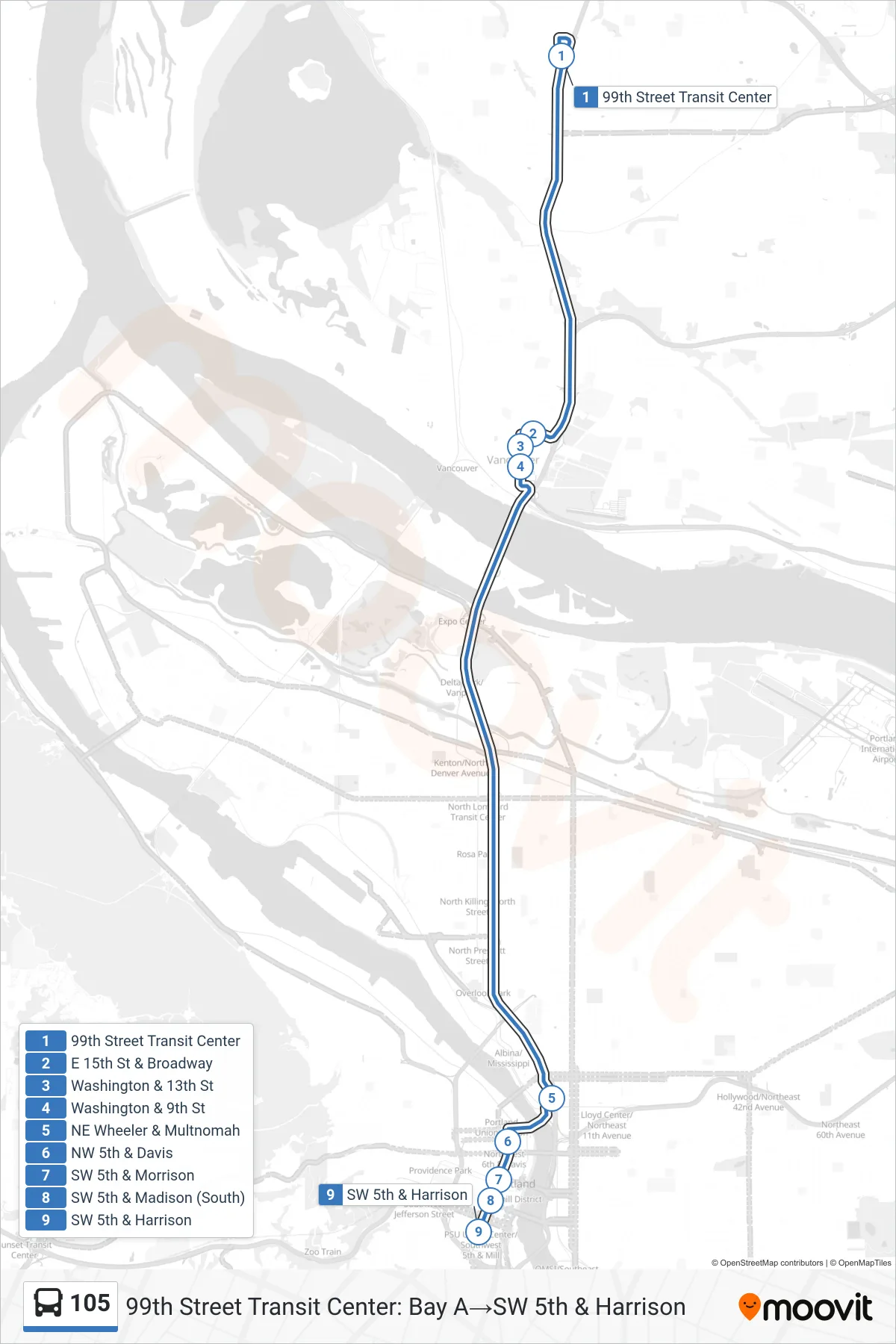 105 bus Line (99th Street Transit Center: Bay A→SW 5th & Harrison) route and stops on a map