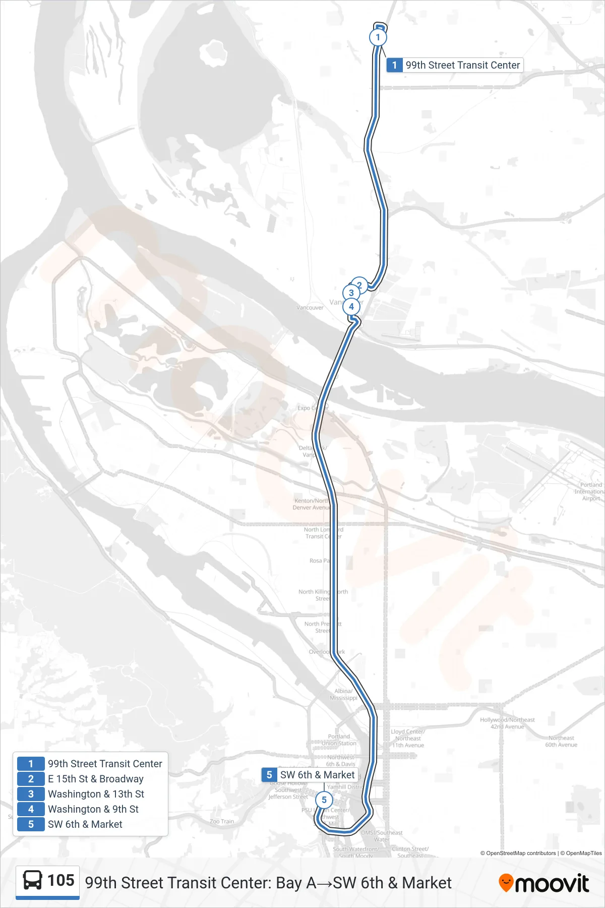 105 bus Line (99th Street Transit Center: Bay A→SW 6th & Market) route and stops on a map