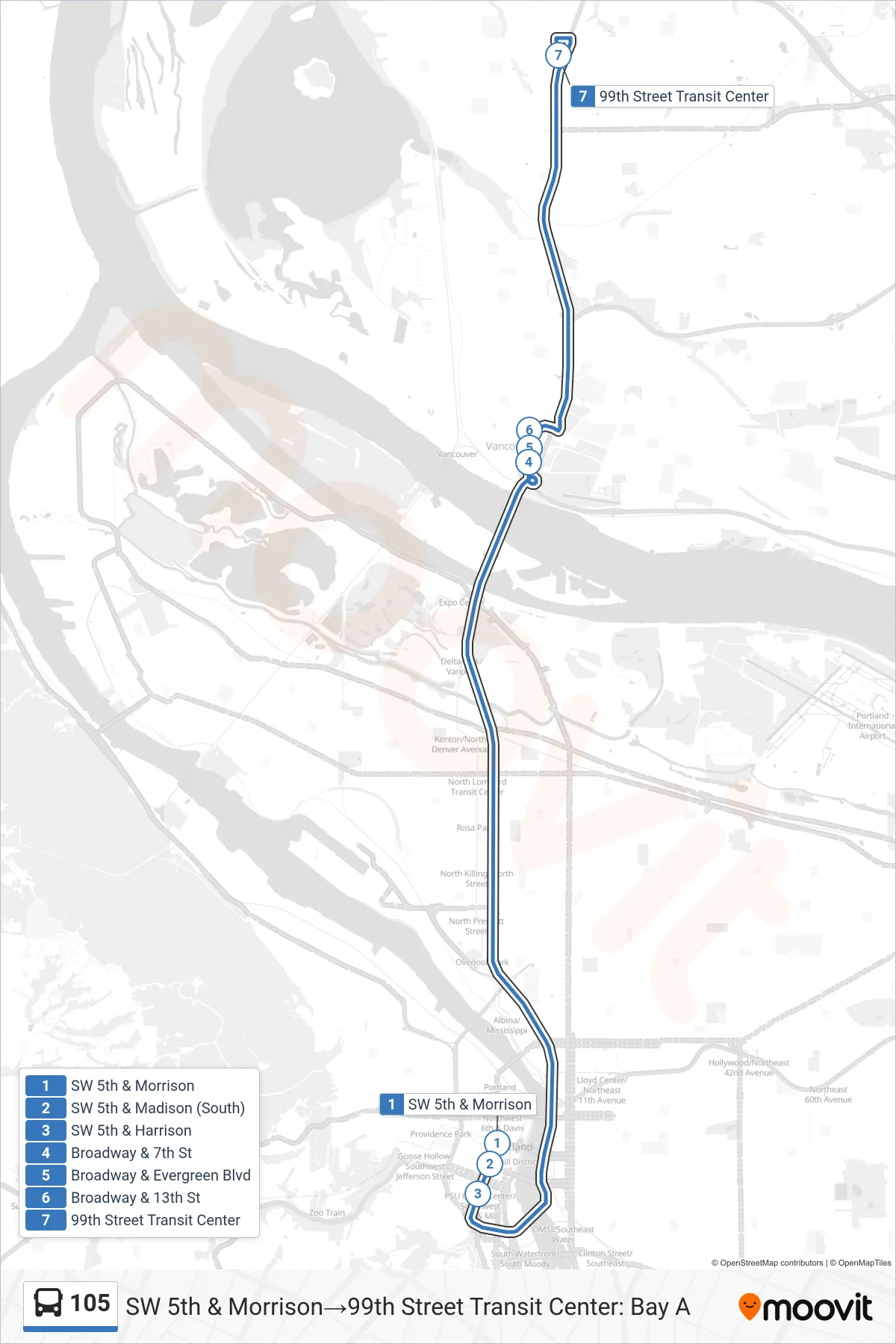 105 bus Line (SW 5th & Morrison→99th Street Transit Center: Bay A) route and stops on a map