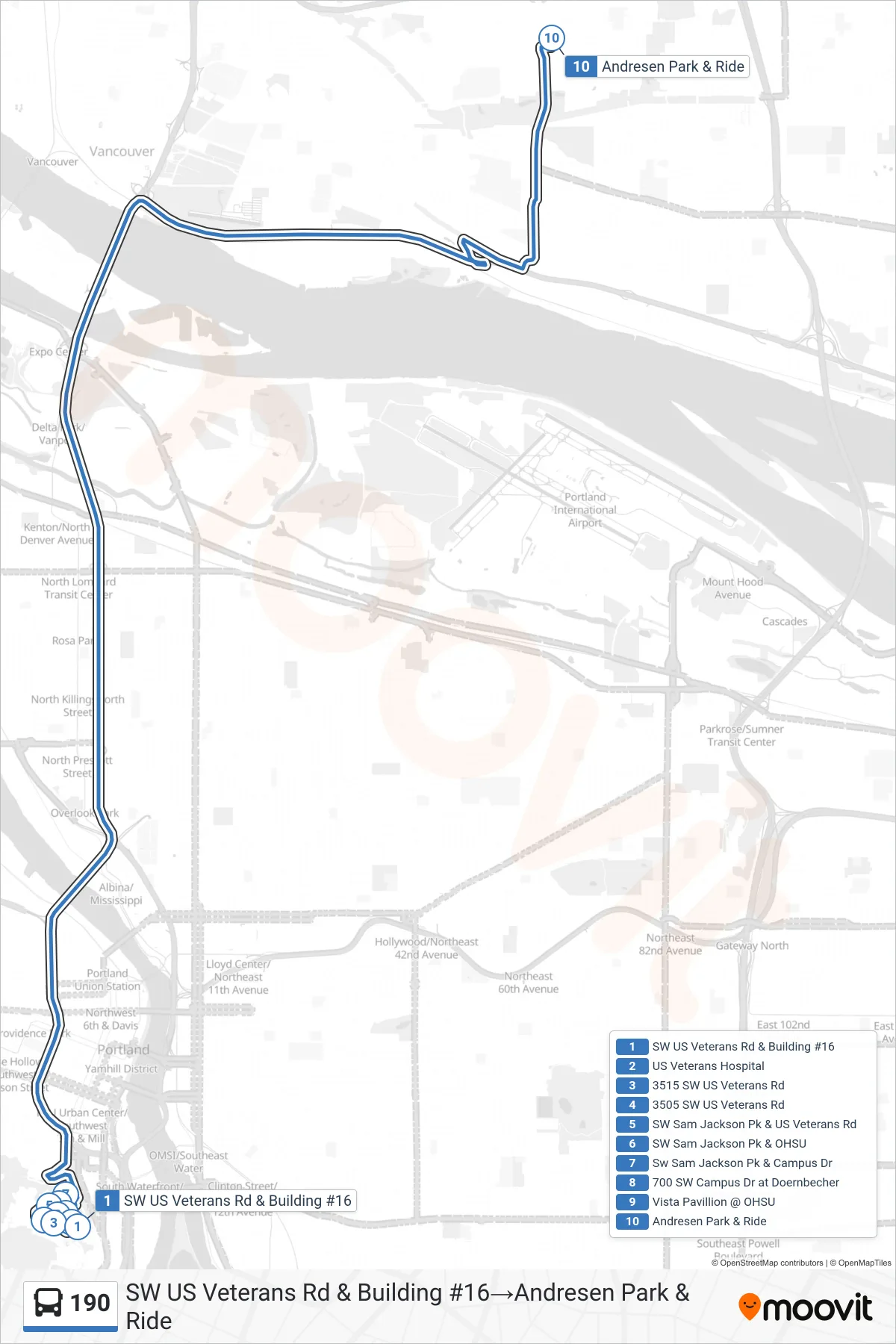 190 bus Line (SW US Veterans Rd & Building #16‎→Andresen Park & Ride) route and stops on a map