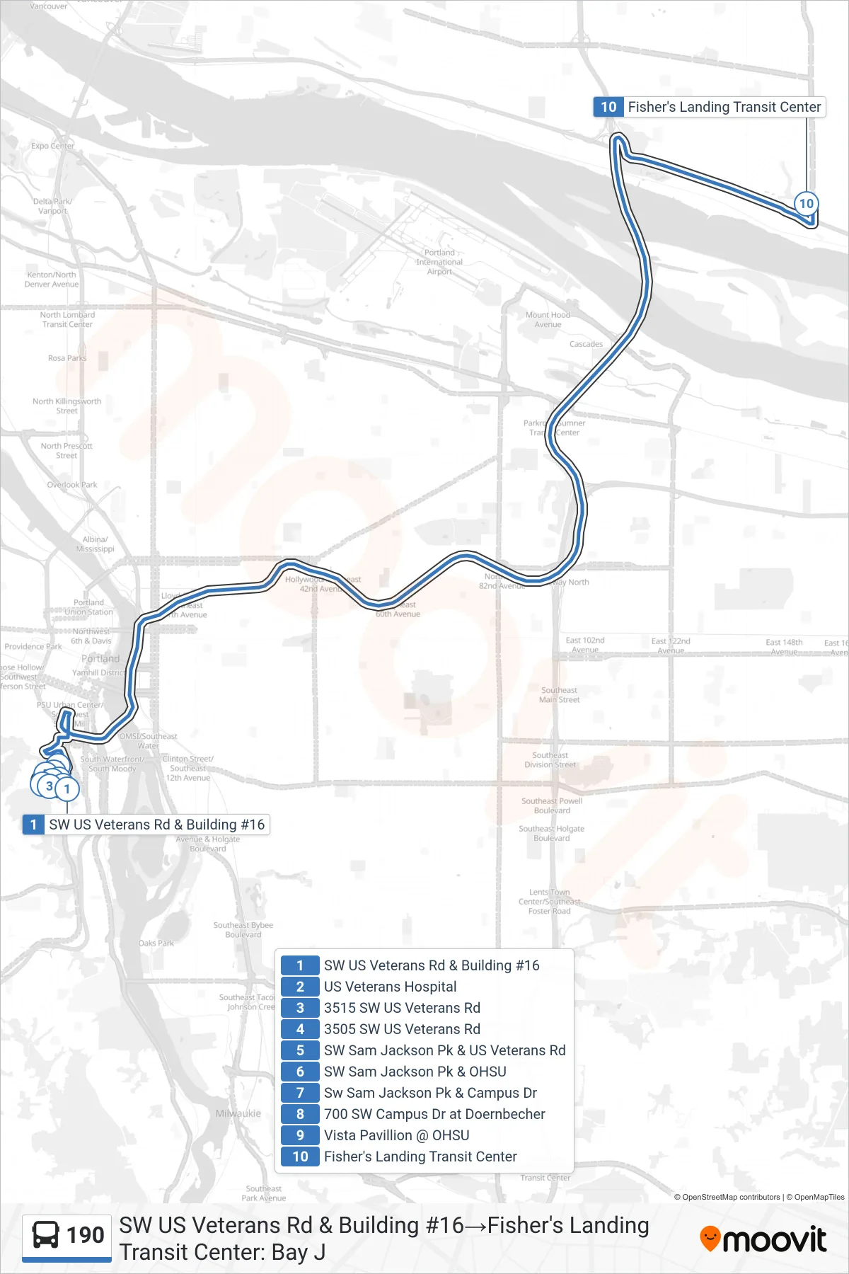 190 bus Line (SW US Veterans Rd & Building #16→Fisher's Landing Transit Center: Bay J) route and stops on a map