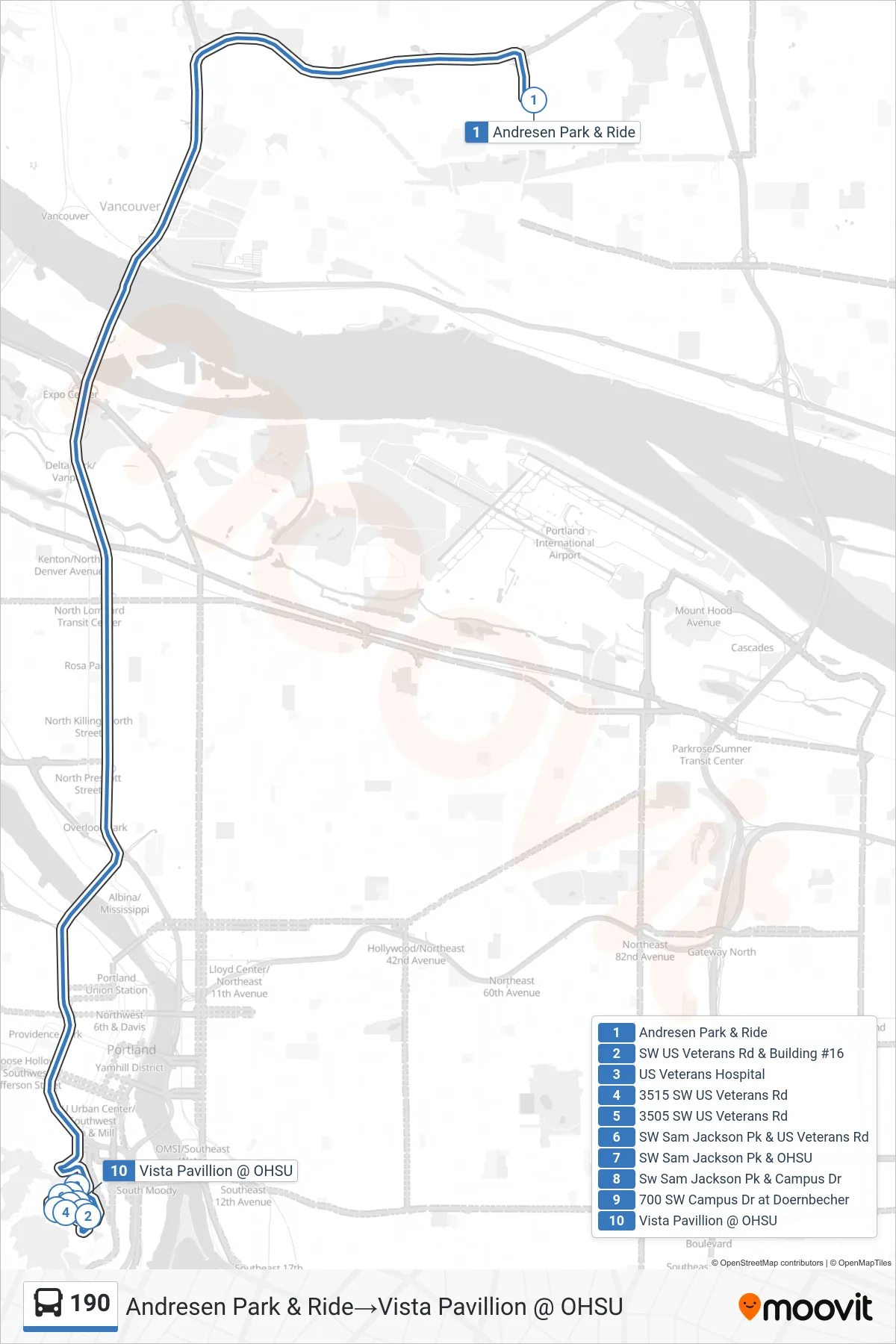 190 bus Line (Andresen Park & Ride→Vista Pavillion @ OHSU) route and stops on a map