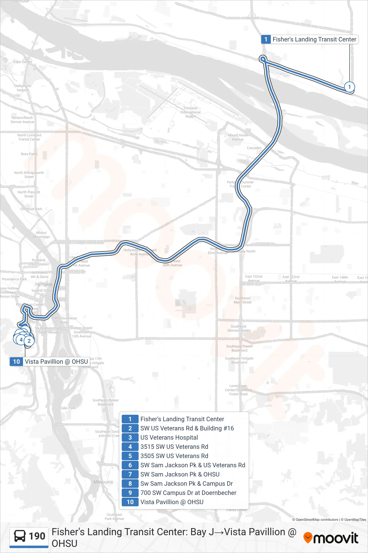 190 bus Line (Fisher's Landing Transit Center: Bay J→Vista Pavillion @ OHSU) route and stops on a map