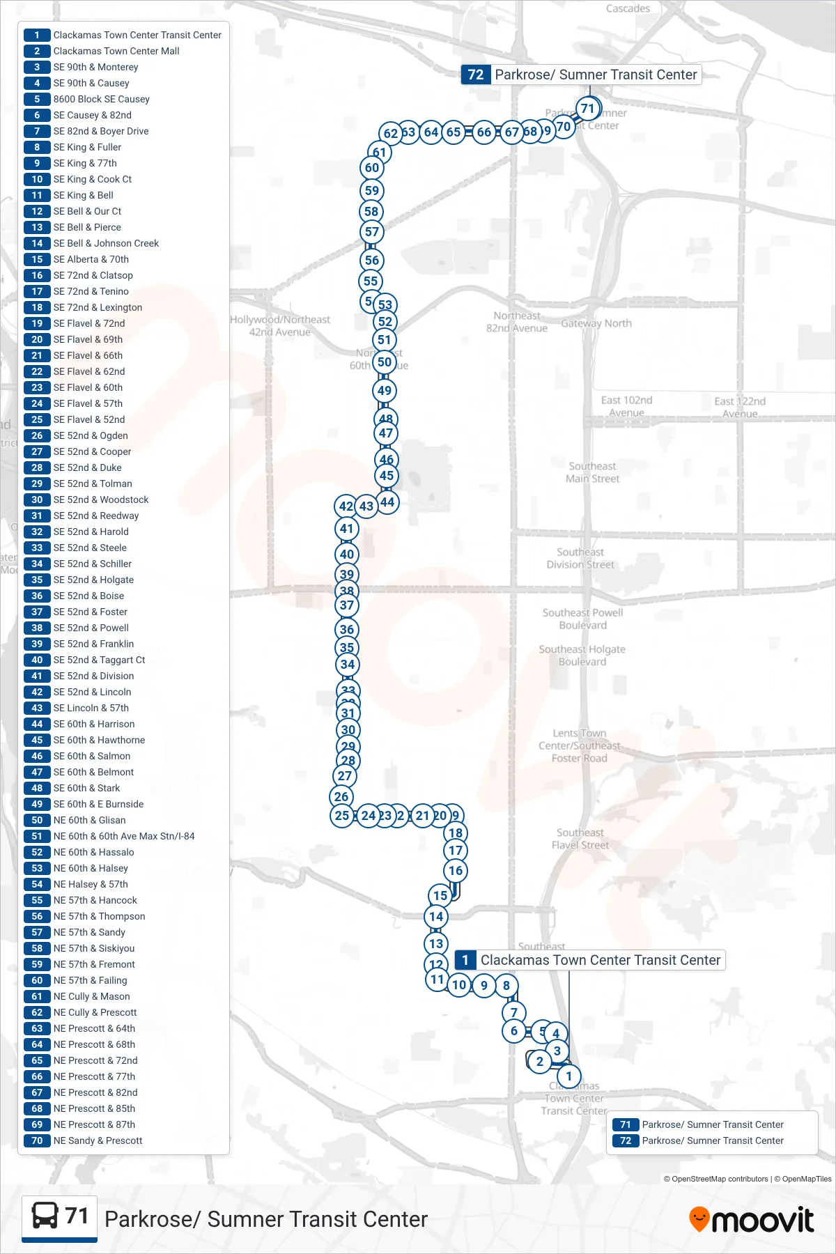 71 bus Line (Parkrose/ Sumner Transit Center) route and stops on a map