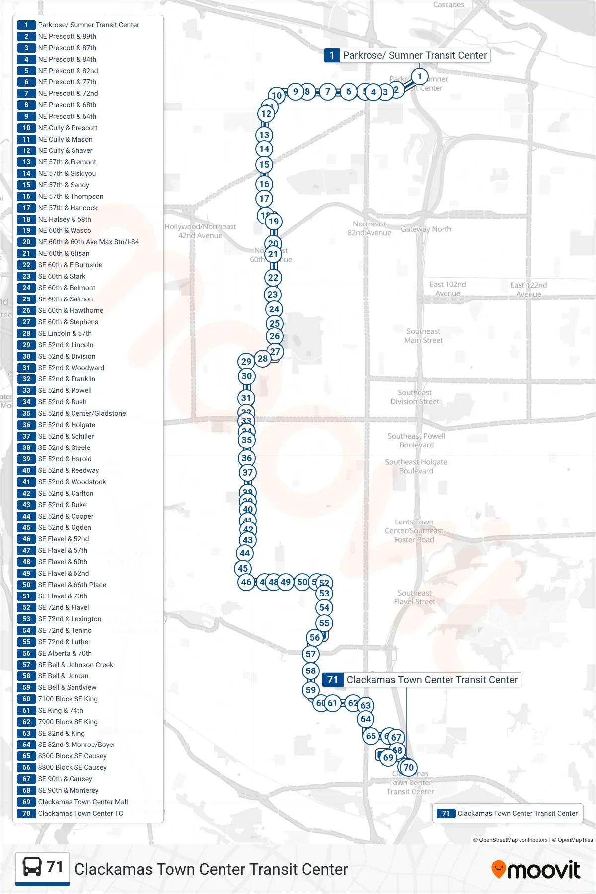 71 bus Line (Clackamas Town Center Transit Center) route and stops on a map